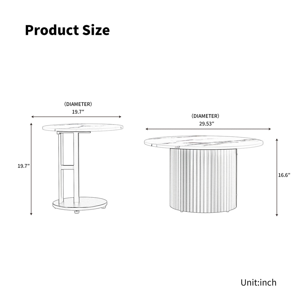 Coffee Table Set of 3, Modern Nesting Coffee Tables with Faux Marble Top and Metal Legs, Round Coffee & Side Tables with Ribbed Design for Living Room, Small Space Apartment
