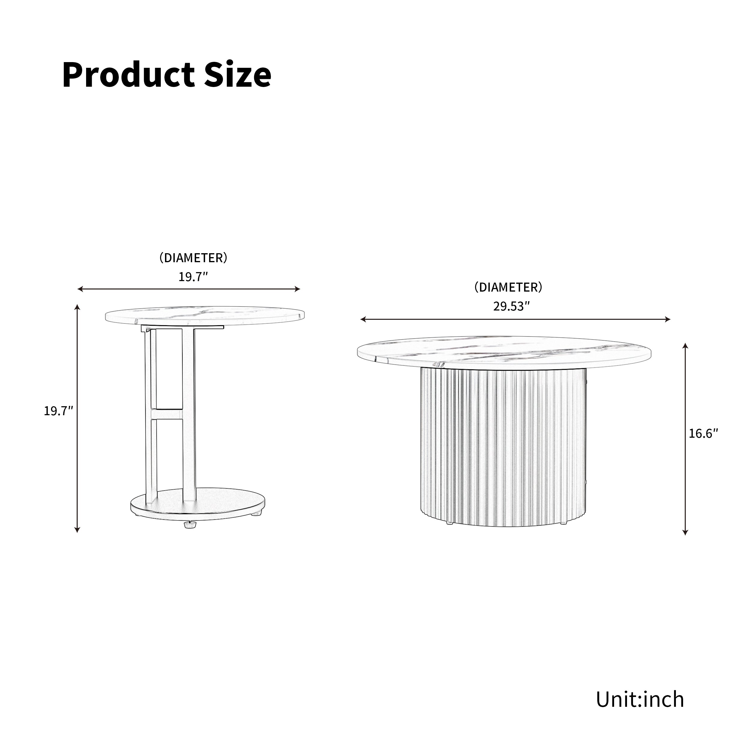 Coffee Table Set of 3, Modern Nesting Coffee Tables with Faux Marble Top and Metal Legs, Round Coffee & Side Tables with Ribbed Design for Living Room, Small Space Apartment