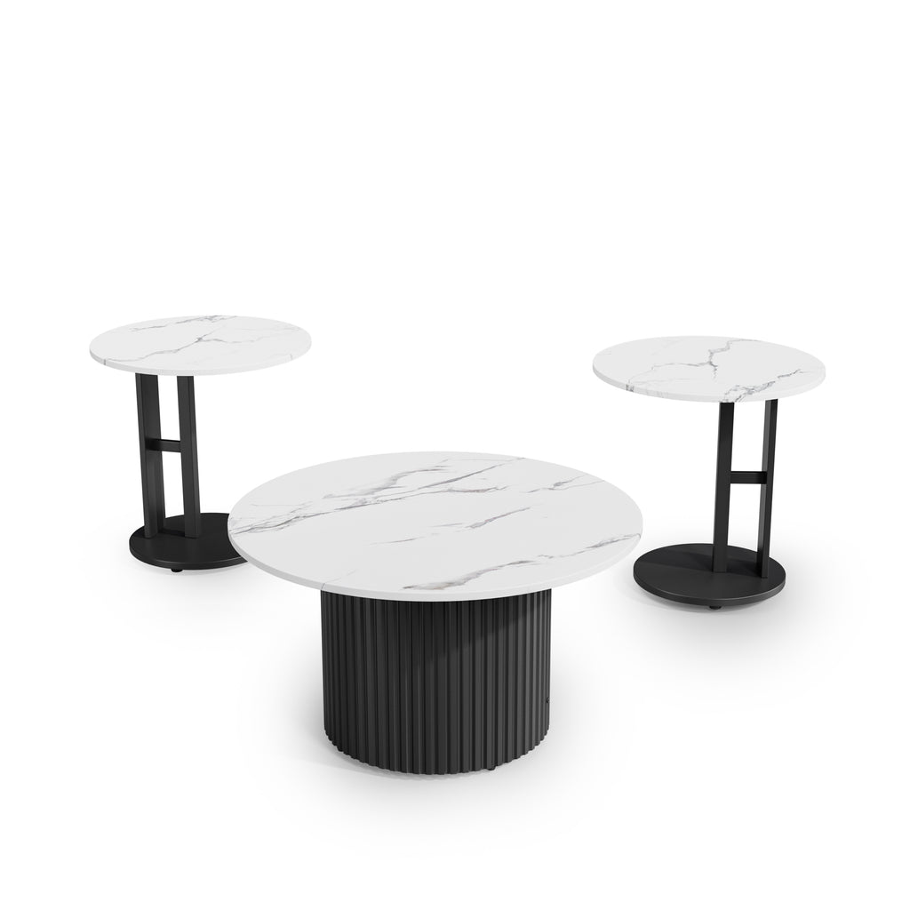 Coffee Table Set of 3, Modern Nesting Coffee Tables with Faux Marble Top and Metal Legs, Round Coffee & Side Tables with Ribbed Design for Living Room, Small Space Apartment