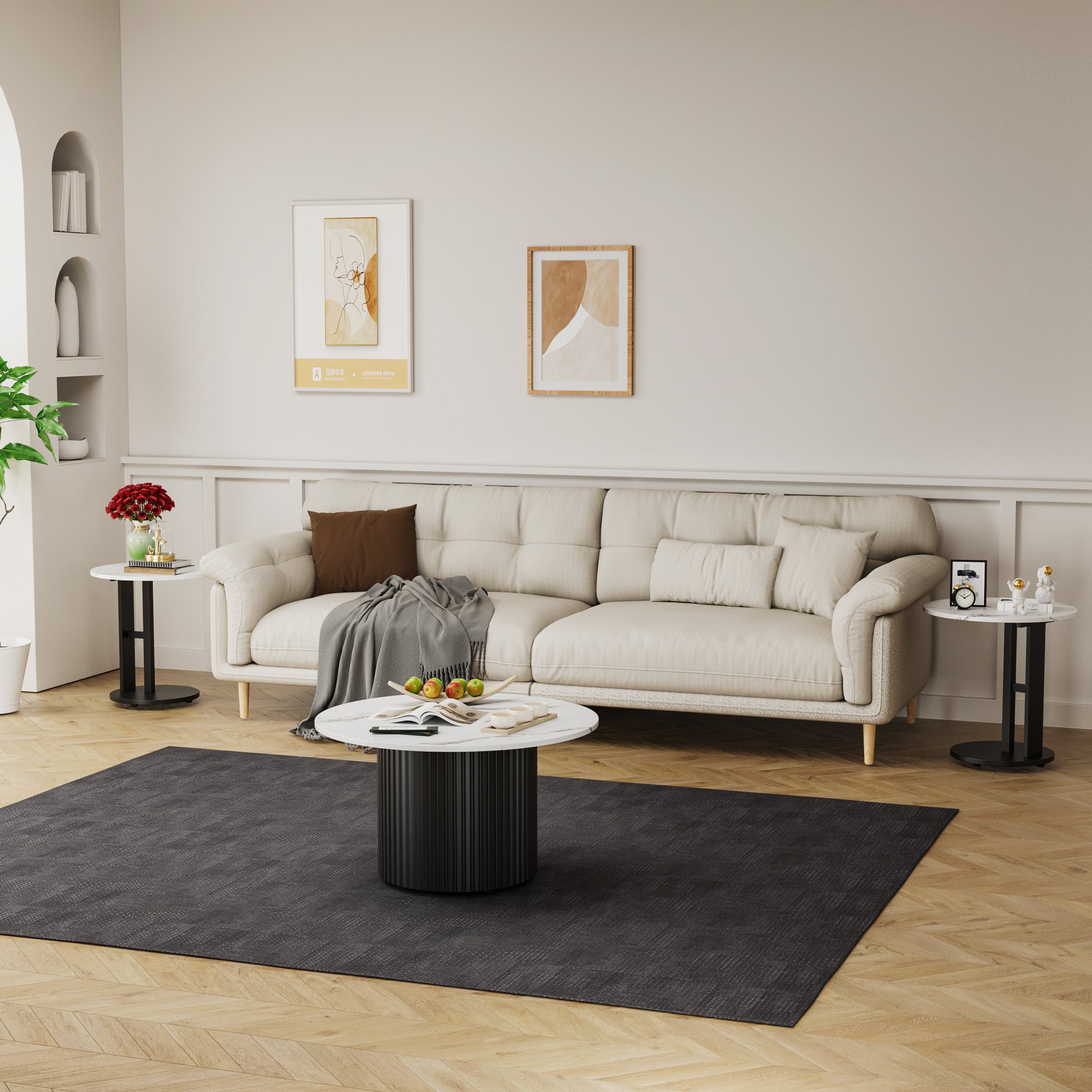 Coffee Table Set of 3, Modern Nesting Coffee Tables with Faux Marble Top and Metal Legs, Round Coffee & Side Tables with Ribbed Design for Living Room, Small Space Apartment