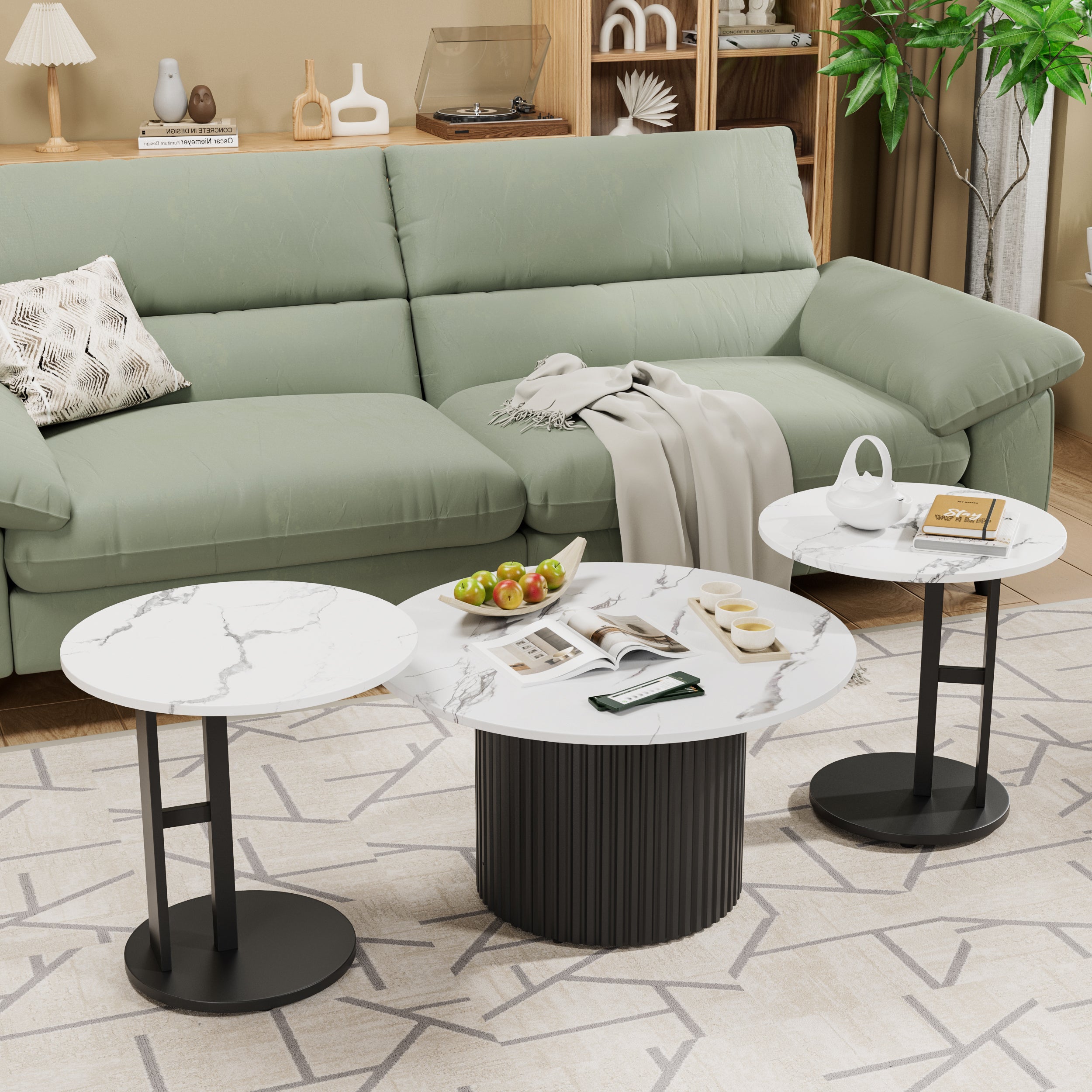 Coffee Table Set of 3, Modern Nesting Coffee Tables with Faux Marble Top and Metal Legs, Round Coffee & Side Tables with Ribbed Design for Living Room, Small Space Apartment