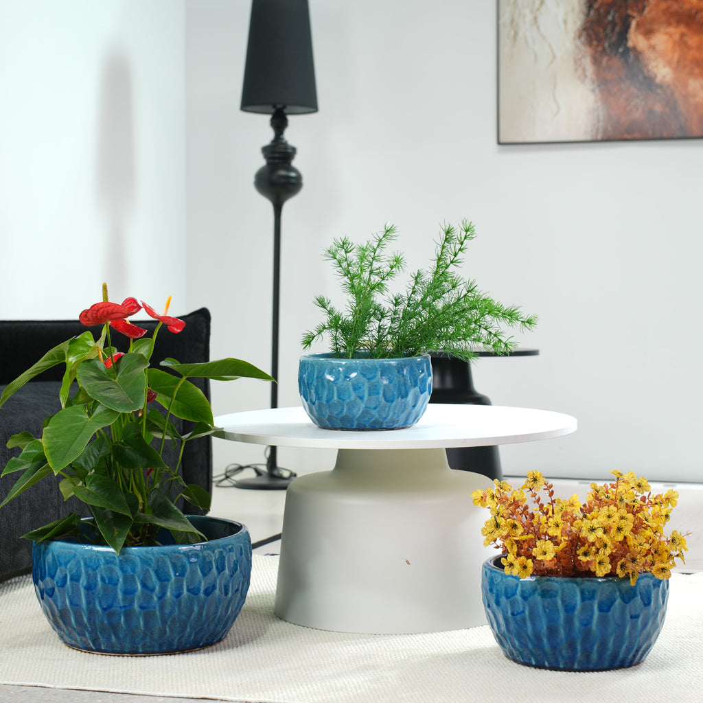 Handmade Ceramic Planter Set of 3, 15"/12"/10" Diameter, Glossy Lake Blue Hammered Texture, for Succulents & Violets, Indoor/Outdoor Use on Windowsill & Bookshelf, Breathable Clay