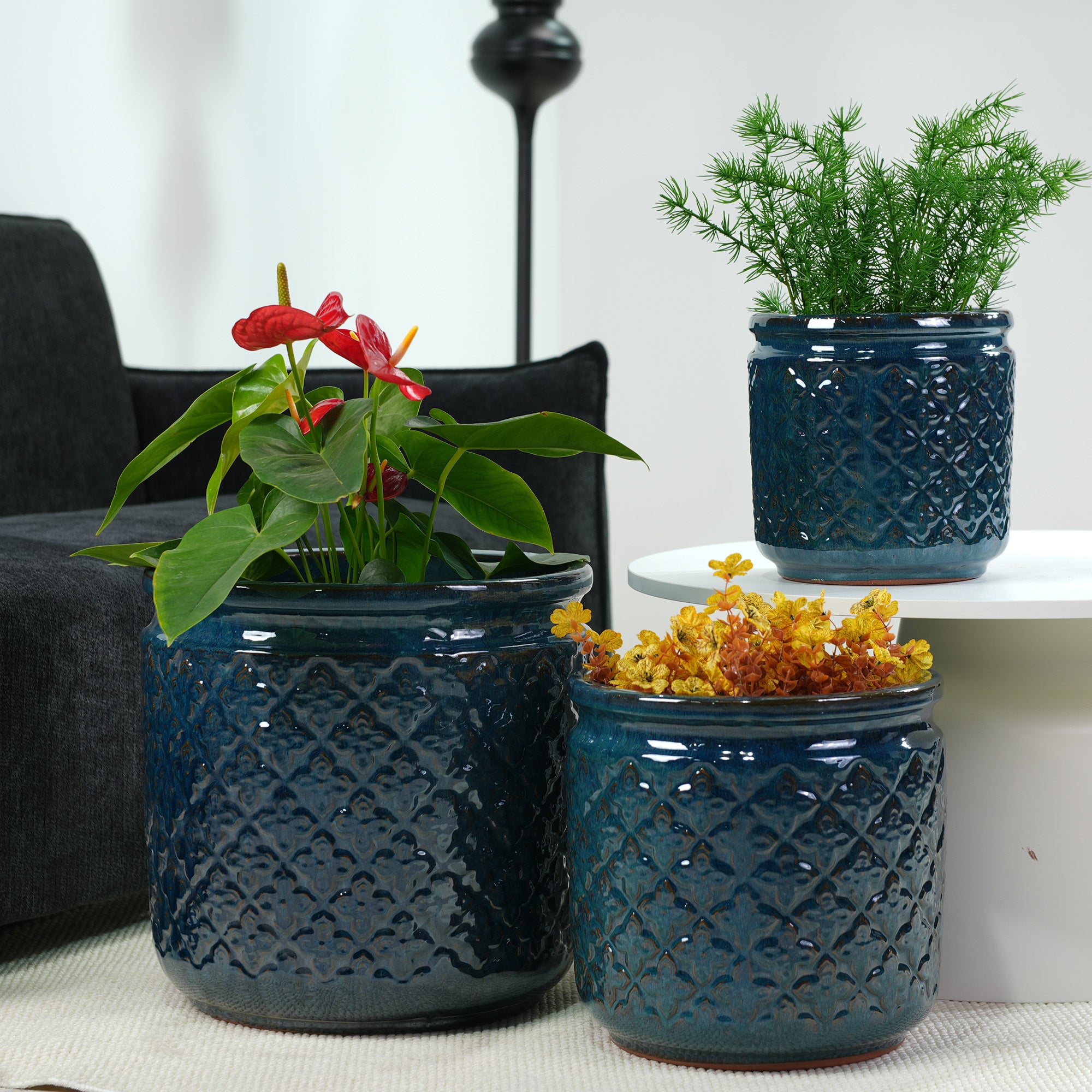 Handmade Ceramic Flower Pot Set of 3, 15/12/9 Inch Diameter, Navy Blue with Geometric Pattern, for Orchids Indoor/Outdoor Use on Windowsill & Bookshelf, Breathable Clay