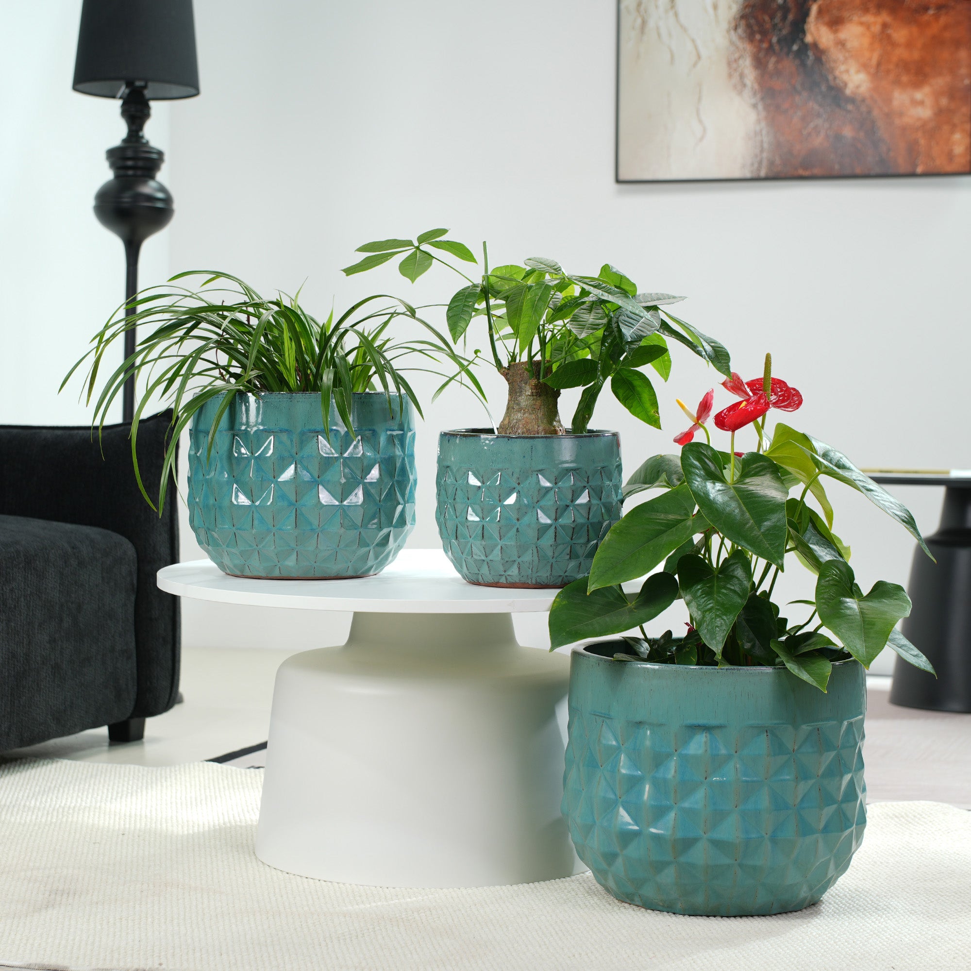 Handmade Ceramic Planter Pots Set of 3, Vintage Turquoise Diamond Embossed Textured Flower Pots with Drainage Hole, 14/12/8 Inch Breathable Clay Plant Containers for Indoor Outdoor, Succulents & Garde