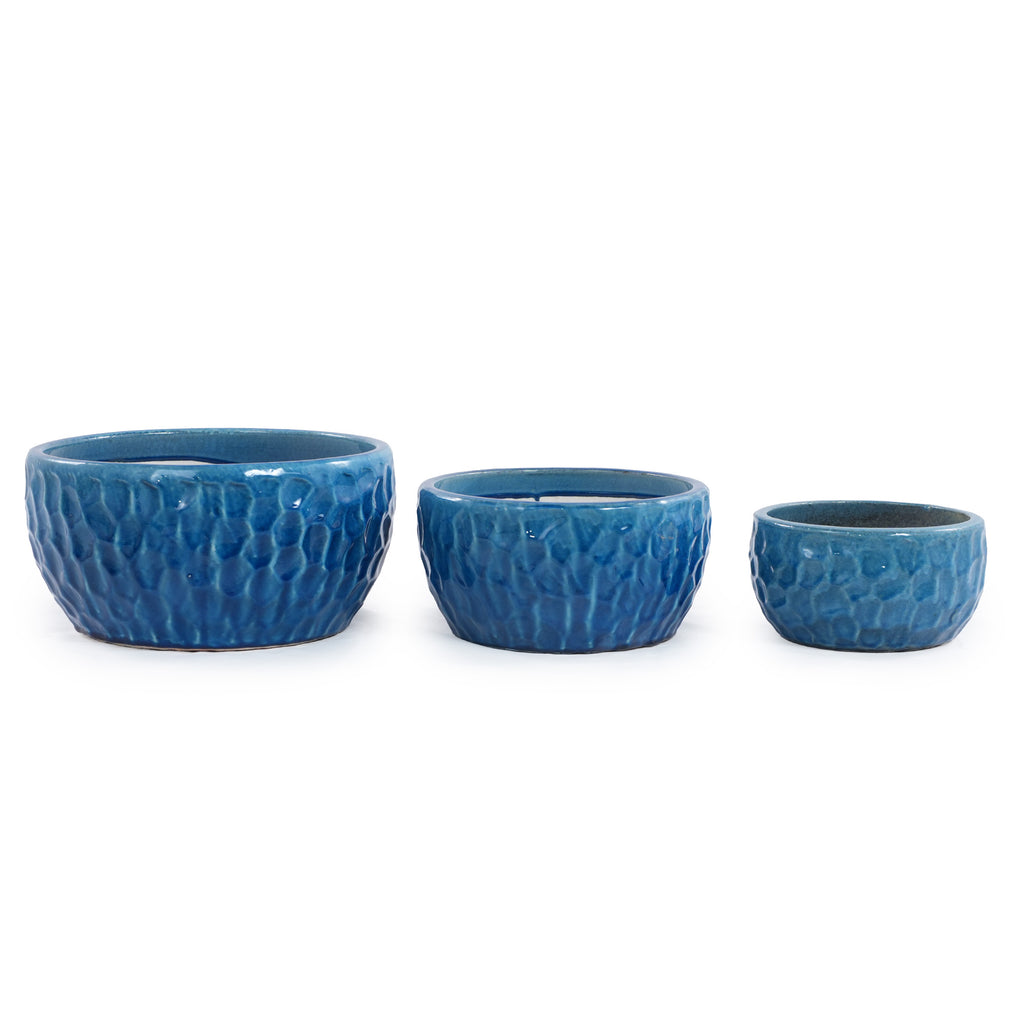 Handmade Ceramic Planter Set of 3, 15"/12"/10" Diameter, Glossy Lake Blue Hammered Texture, for Succulents & Violets, Indoor/Outdoor Use on Windowsill & Bookshelf, Breathable Clay