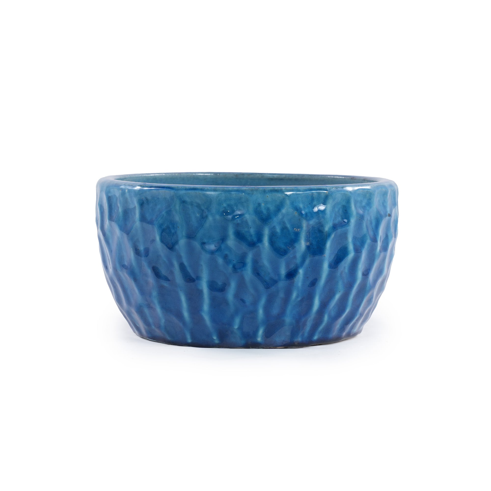 Handmade Ceramic Planter Set of 3, 15"/12"/10" Diameter, Glossy Lake Blue Hammered Texture, for Succulents & Violets, Indoor/Outdoor Use on Windowsill & Bookshelf, Breathable Clay