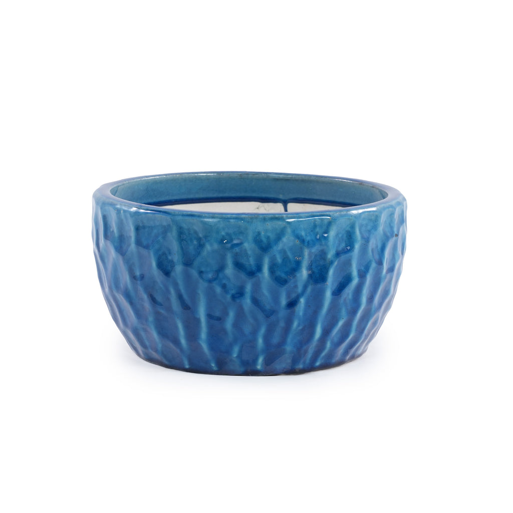 Handmade Ceramic Planter Set of 3, 15"/12"/10" Diameter, Glossy Lake Blue Hammered Texture, for Succulents & Violets, Indoor/Outdoor Use on Windowsill & Bookshelf, Breathable Clay