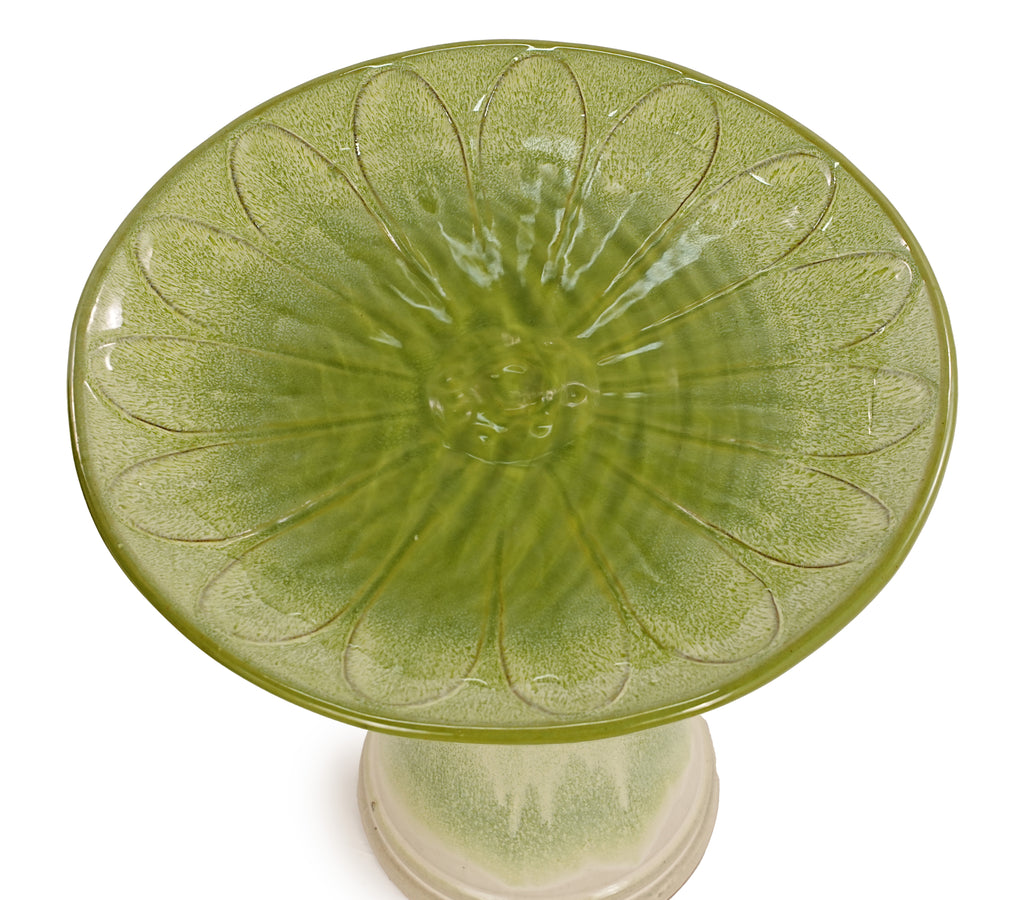 Handmade glazed ceramic bird bath, 17" daisy petal embossed tray & 18" pedestal base, off-white to sage green ombre gradient glaze outdoor bird feeder for yard, lawn, patio & backyard