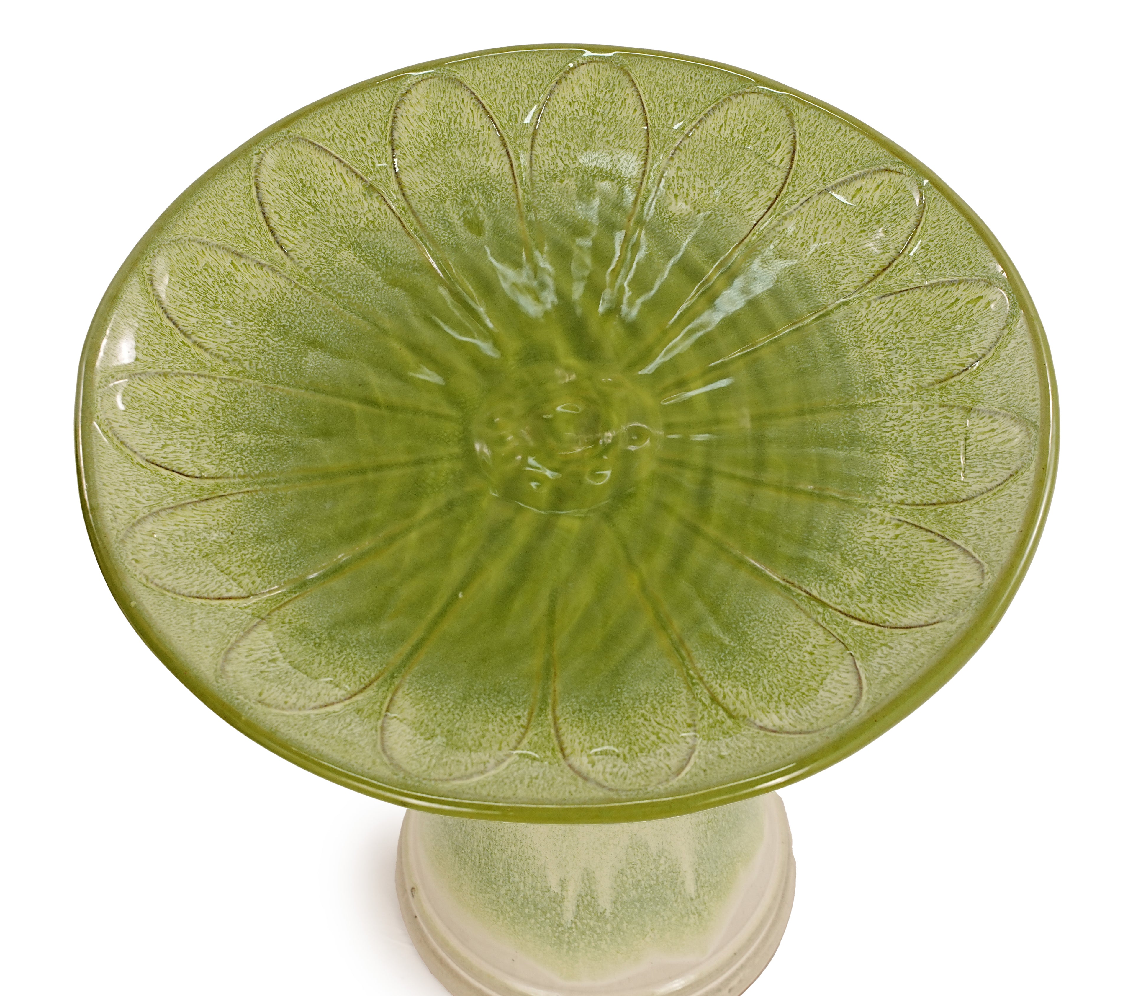 Handmade glazed ceramic bird bath, 17" daisy petal embossed tray & 18" pedestal base, off-white to sage green ombre gradient glaze outdoor bird feeder for yard, lawn, patio & backyard