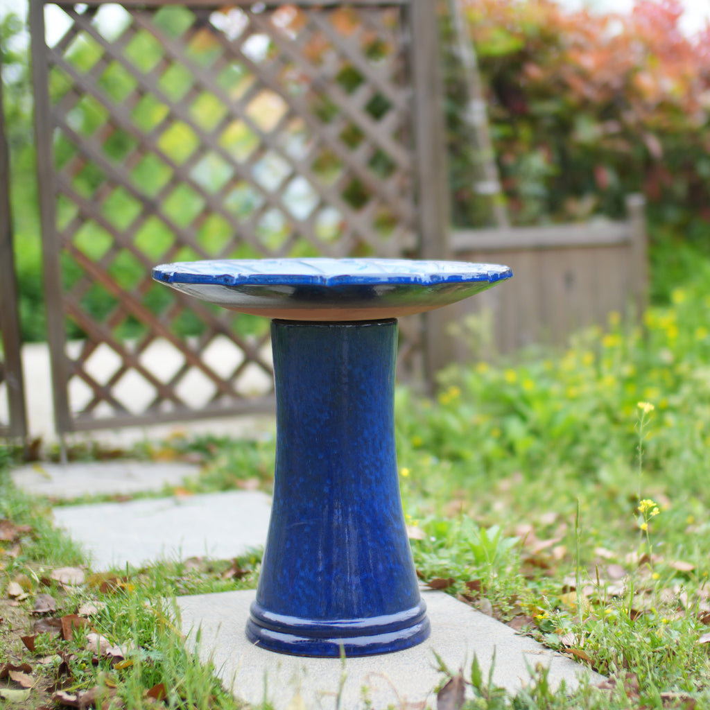 Handmade glazed ceramic bird bath, 17" swirling scroll embossed tray & 18" pedestal base, sapphire blue gradient glaze outdoor bird feeder for yard, lawn, patio & backyard