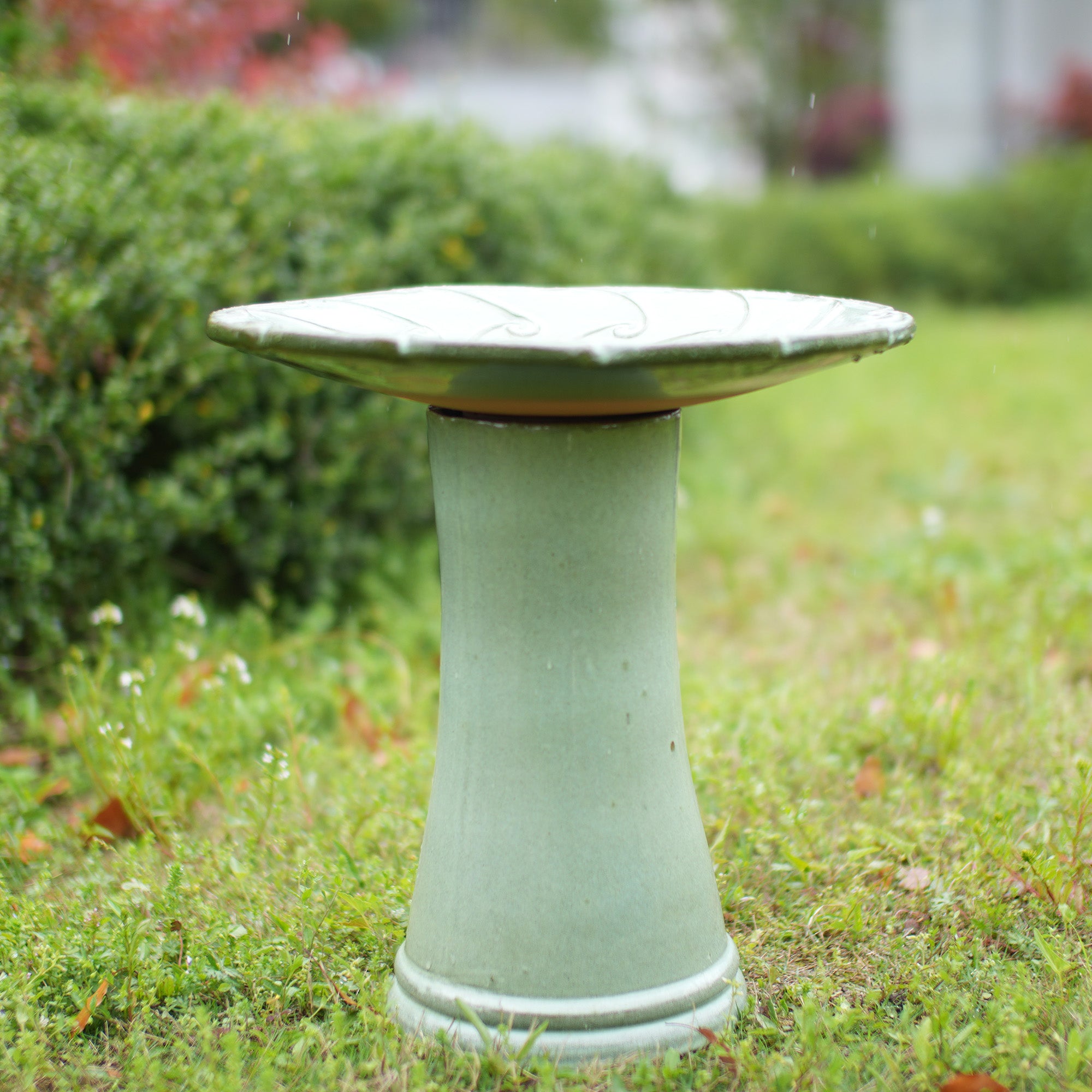 Handmade glazed ceramic bird bath, 17" swirling scroll embossed tray & 18" pedestal base, sage green gradient glaze outdoor bird feeder for yard, lawn, patio & backyard