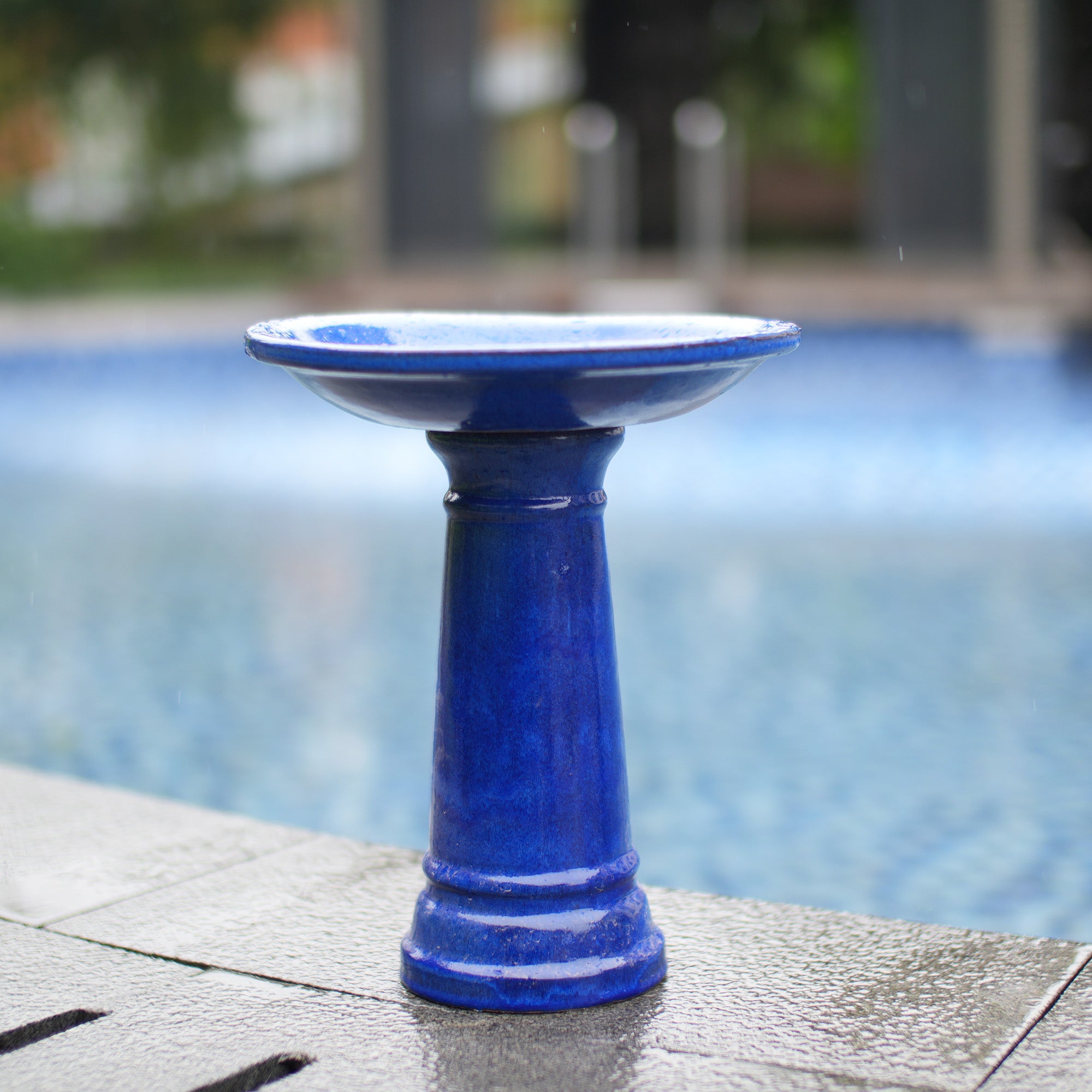 Ceramic Pedestal Bird Bath for Outdoor Garden, 12.2 Inch Diameter Vintage Sapphire Blue Birdbath, Tall Backyard Patio Wild Bird Water Feeder Yard Decor