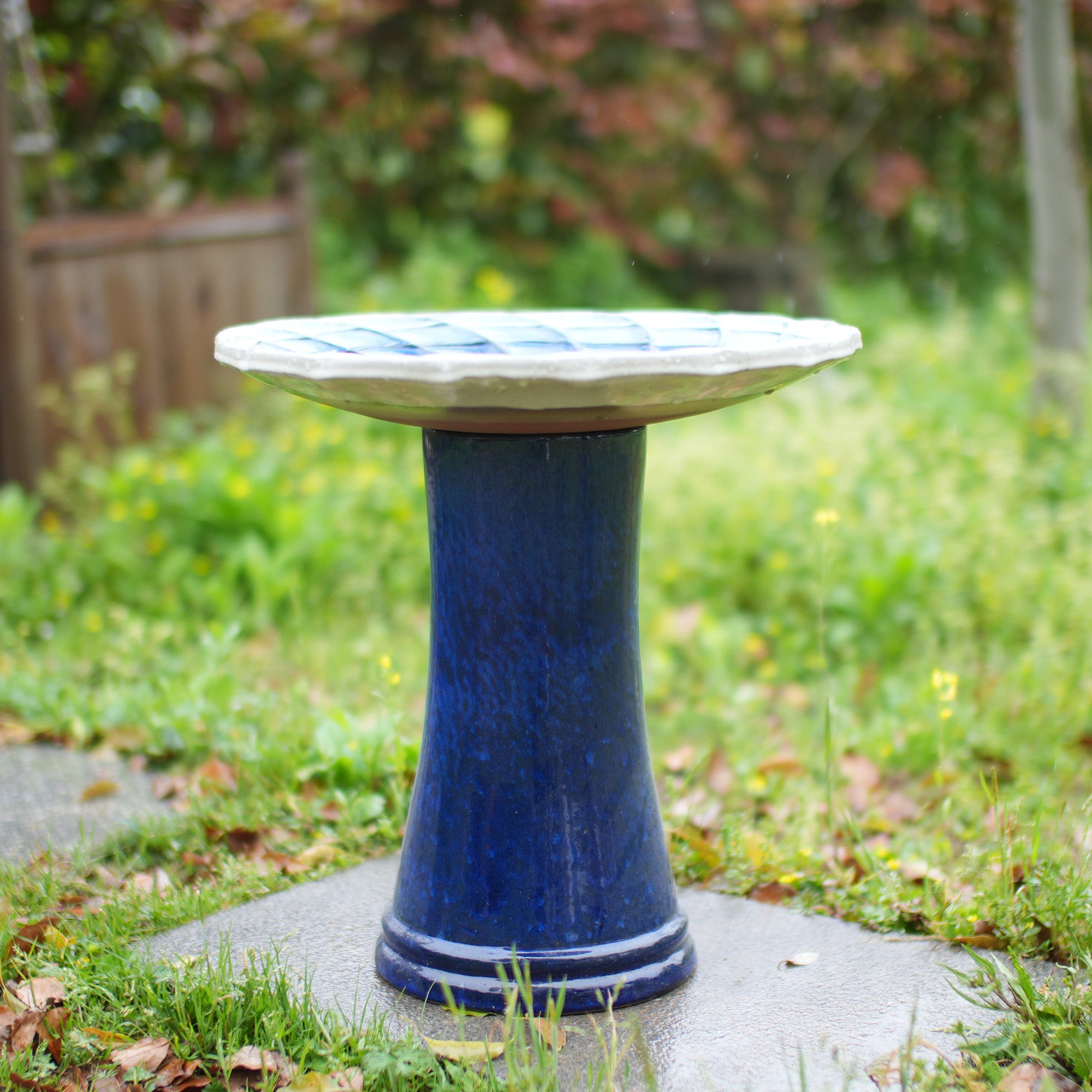 Handmade glazed ceramic bird bath, 17" concentric lotus embossed tray & 18" pedestal base, deep blue pale white gradient glaze outdoor bird feeder for yard, lawn, patio & backyard