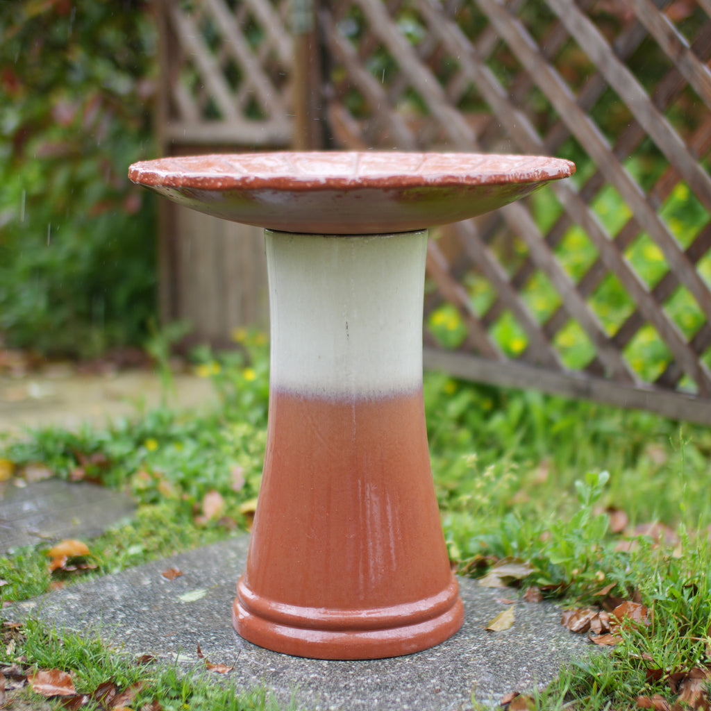 Handmade glazed ceramic bird bath, 17"scalloped tray & 18" pedestal base, rust red off-white gradient glaze outdoor bird feeder for yard, lawn, patio & backyard