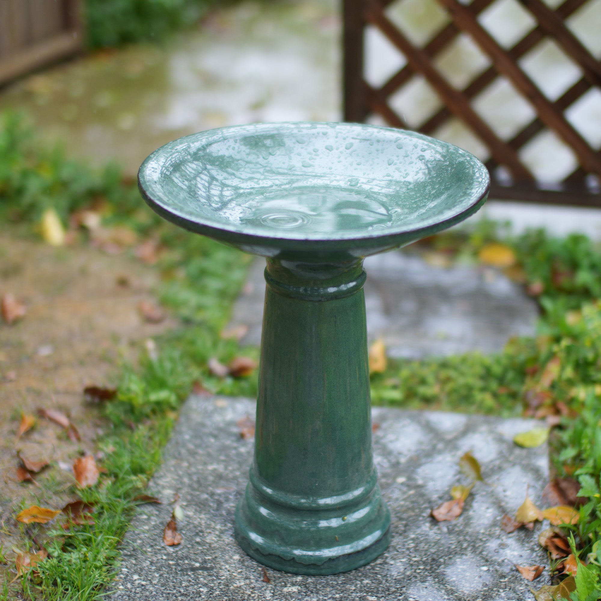 Ceramic Pedestal Bird Bath for Outdoor Garden, 12.2 Inch Diameter Vintage Forest Green Birdbath, Tall Backyard Patio Wild Bird Water Feeder Yard Decor