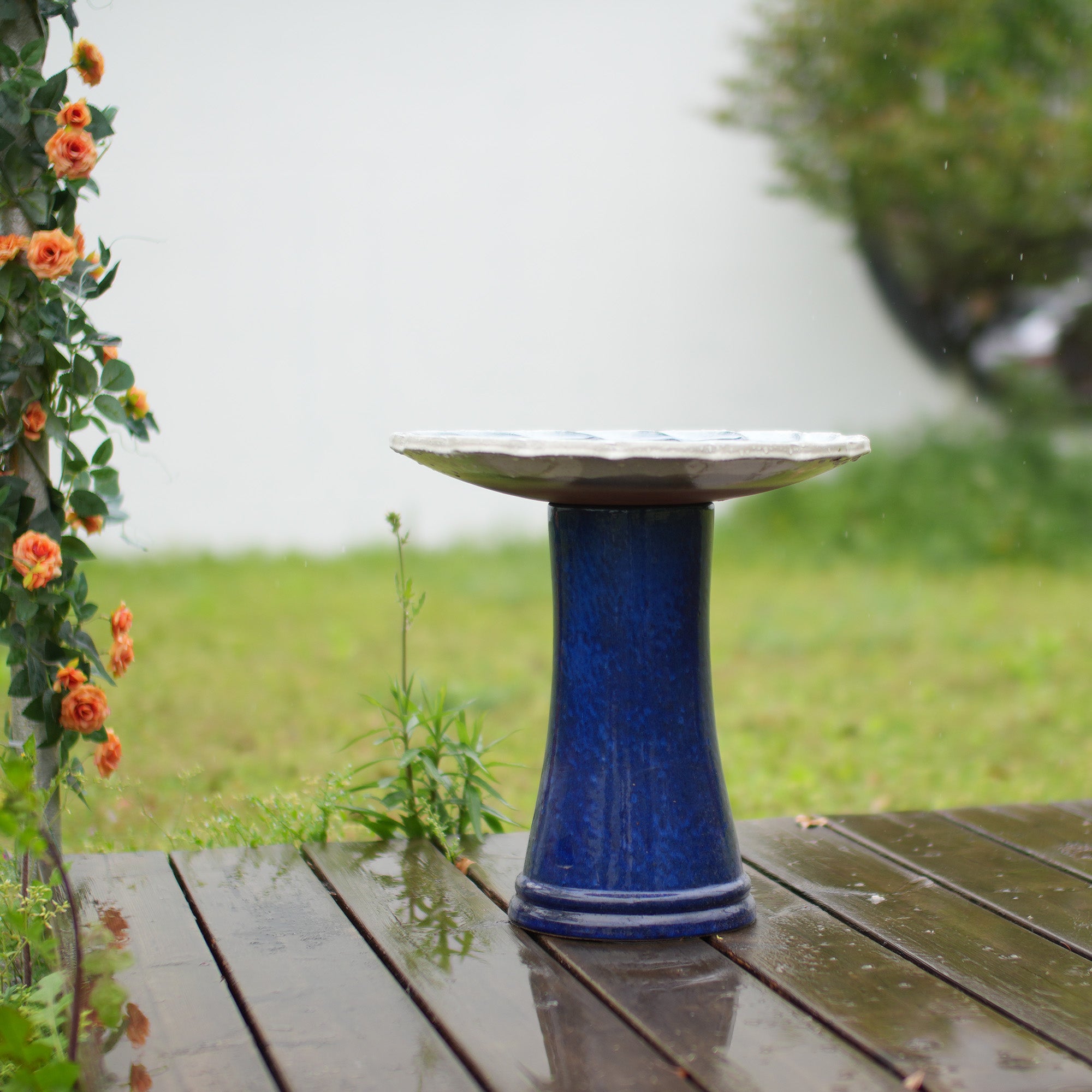 Handmade glazed ceramic bird bath, 17" concentric lotus embossed tray & 18" pedestal base, deep blue pale white gradient glaze outdoor bird feeder for yard, lawn, patio & backyard