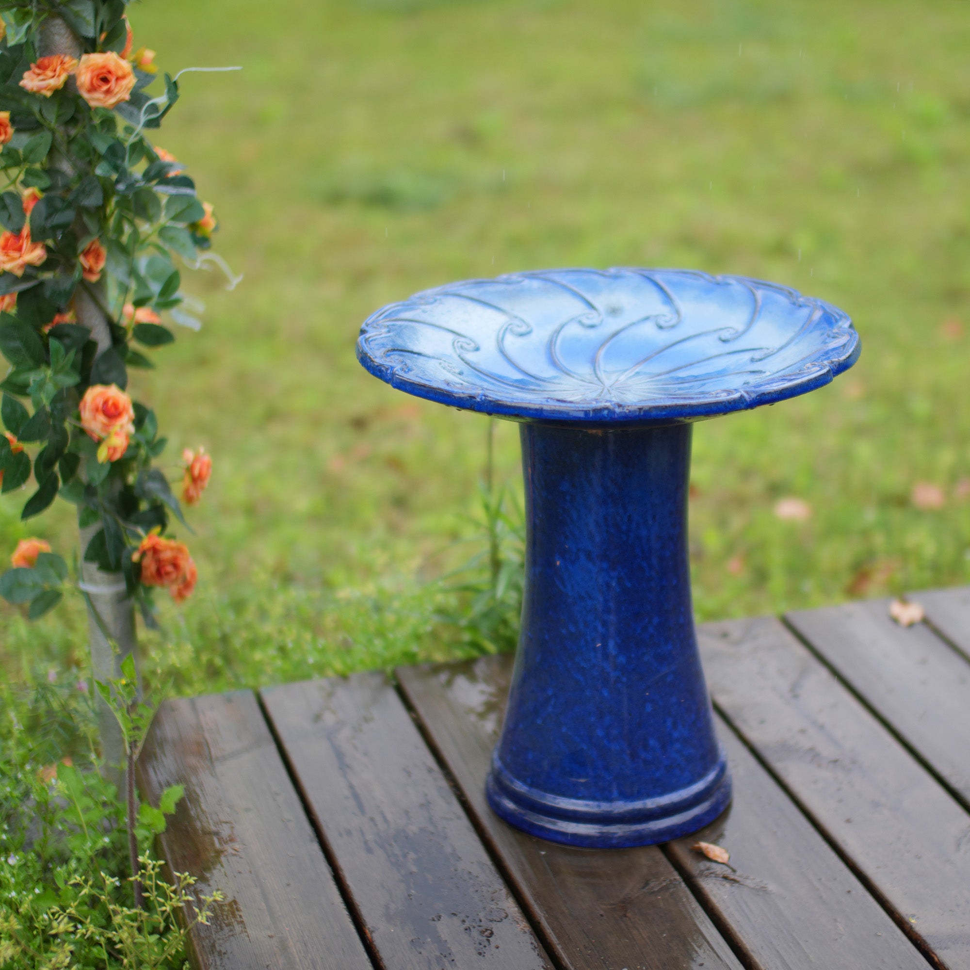 Handmade glazed ceramic bird bath, 17" swirling scroll embossed tray & 18" pedestal base, sapphire blue gradient glaze outdoor bird feeder for yard, lawn, patio & backyard