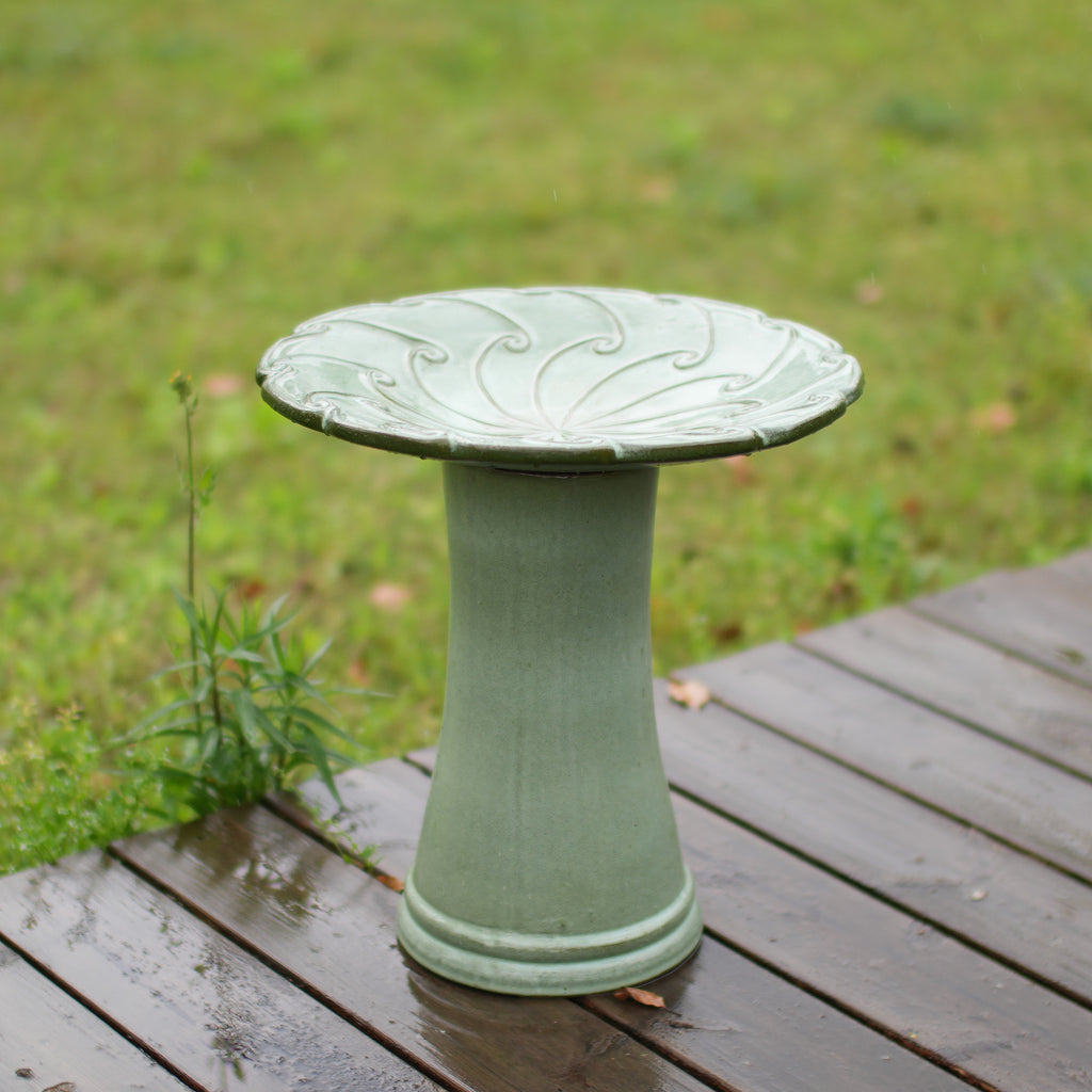 Handmade glazed ceramic bird bath, 17" swirling scroll embossed tray & 18" pedestal base, sage green gradient glaze outdoor bird feeder for yard, lawn, patio & backyard