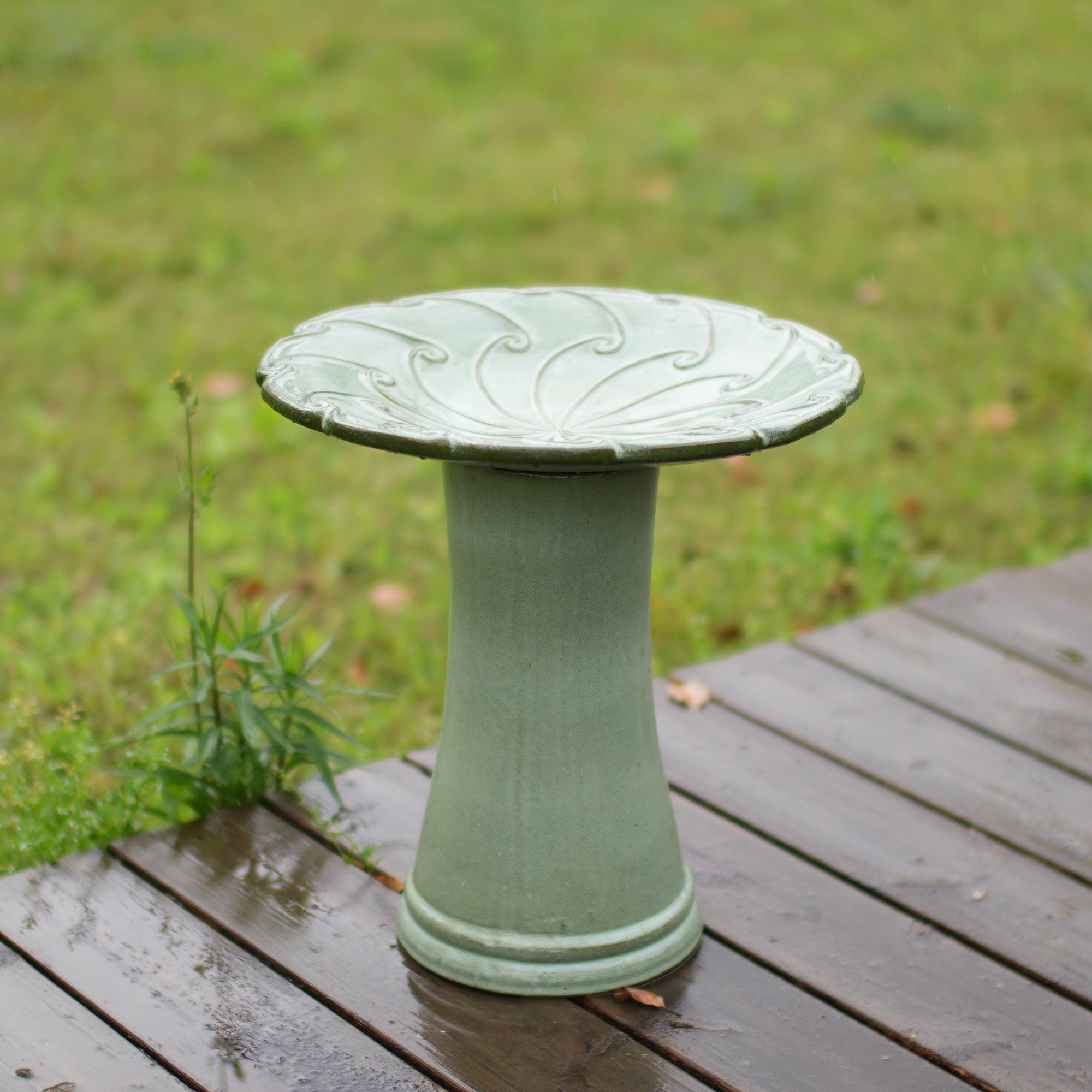 Handmade glazed ceramic bird bath, 17" swirling scroll embossed tray & 18" pedestal base, sage green gradient glaze outdoor bird feeder for yard, lawn, patio & backyard