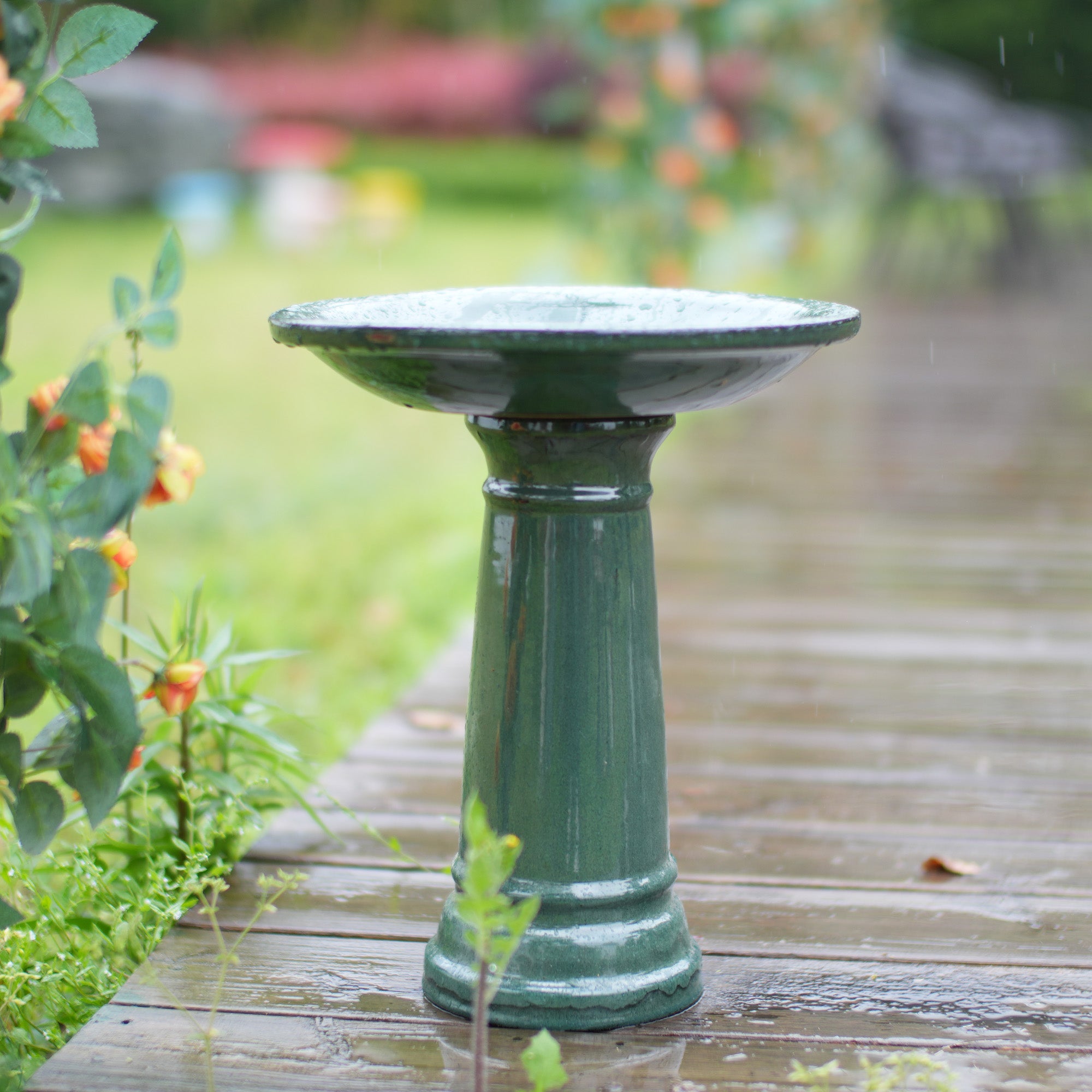 Ceramic Pedestal Bird Bath for Outdoor Garden, 12.2 Inch Diameter Vintage Forest Green Birdbath, Tall Backyard Patio Wild Bird Water Feeder Yard Decor