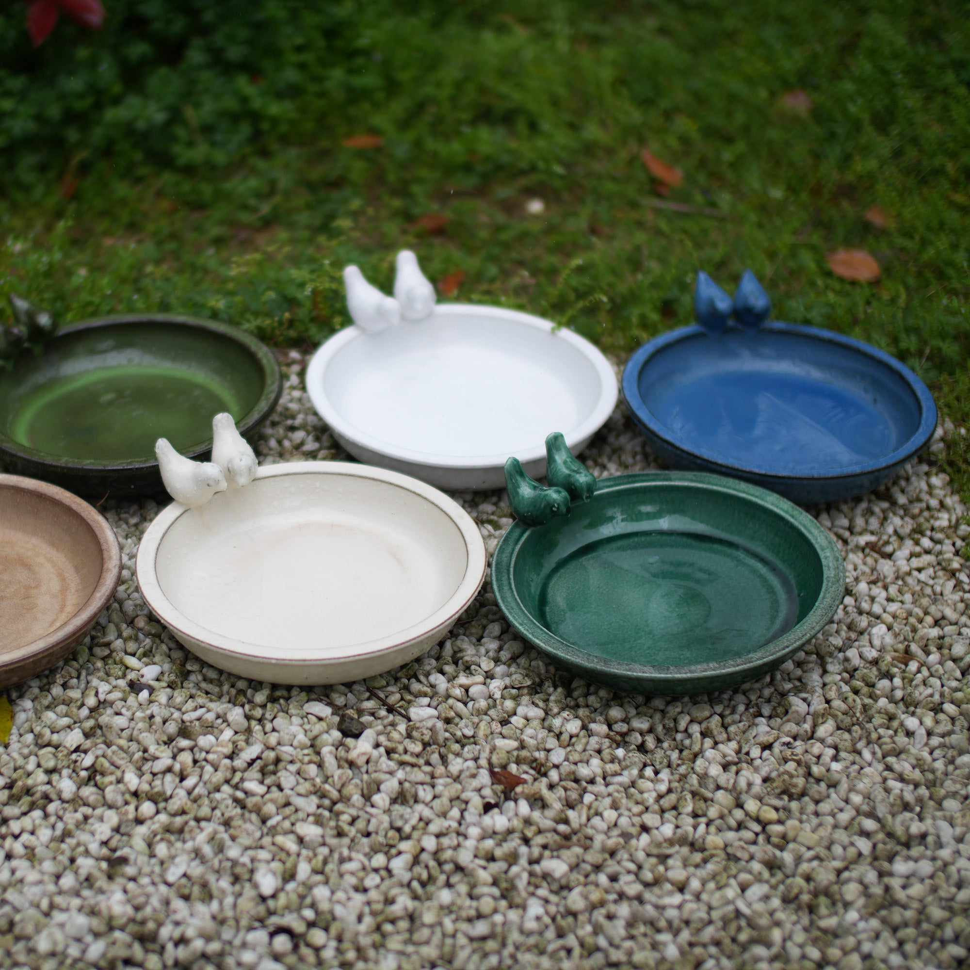 Handmade Ceramic Bird Bath, 11.8 Inch Blue Outdoor Bird Bath Bowl with Vintage Bird Ornaments, Garden Birdbath for Yard, Patio, Backyard Decor, Also Works as Wild Bird Waterer