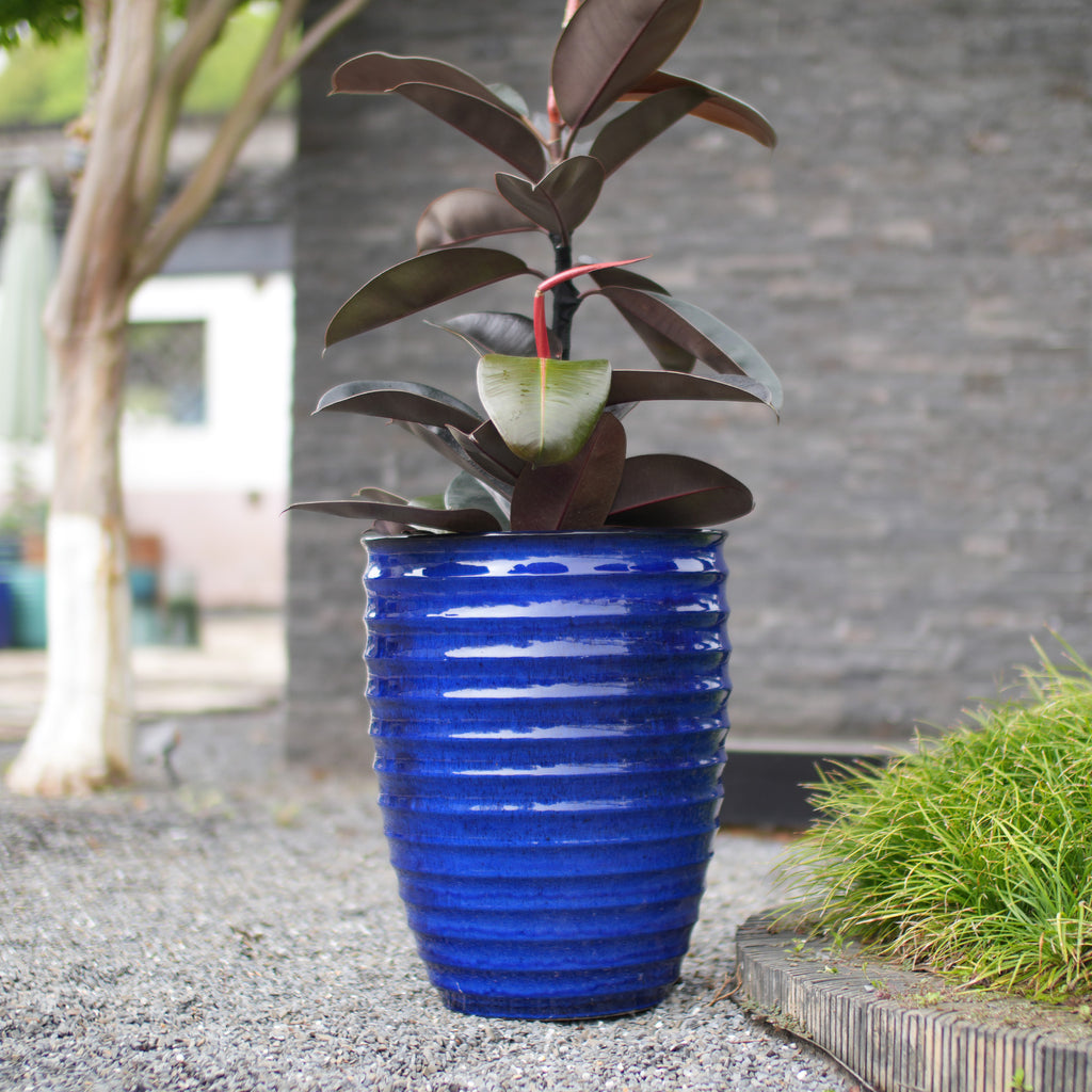 Handmade Sapphire Blue Ceramic Planter, 17 Inch Diameter, 1 Piece, Horizontal Ripples Pattern, for Monstera and Fiddle Leaf Fig, Indoor & Outdoor Doorway Use, Breathable Clay