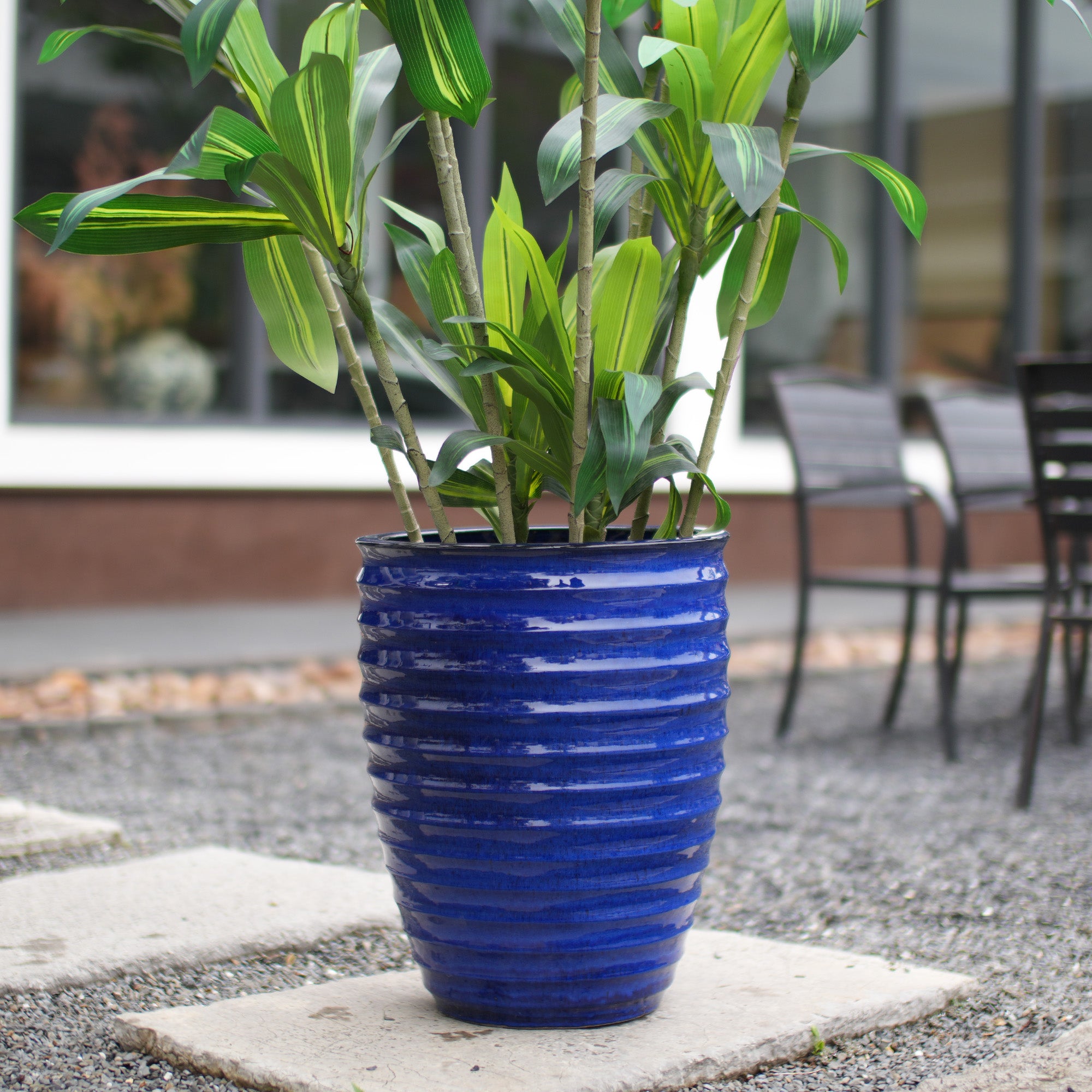Handmade Sapphire Blue Ceramic Planter, 17 Inch Diameter, 1 Piece, Horizontal Ripples Pattern, for Monstera and Fiddle Leaf Fig, Indoor & Outdoor Doorway Use, Breathable Clay