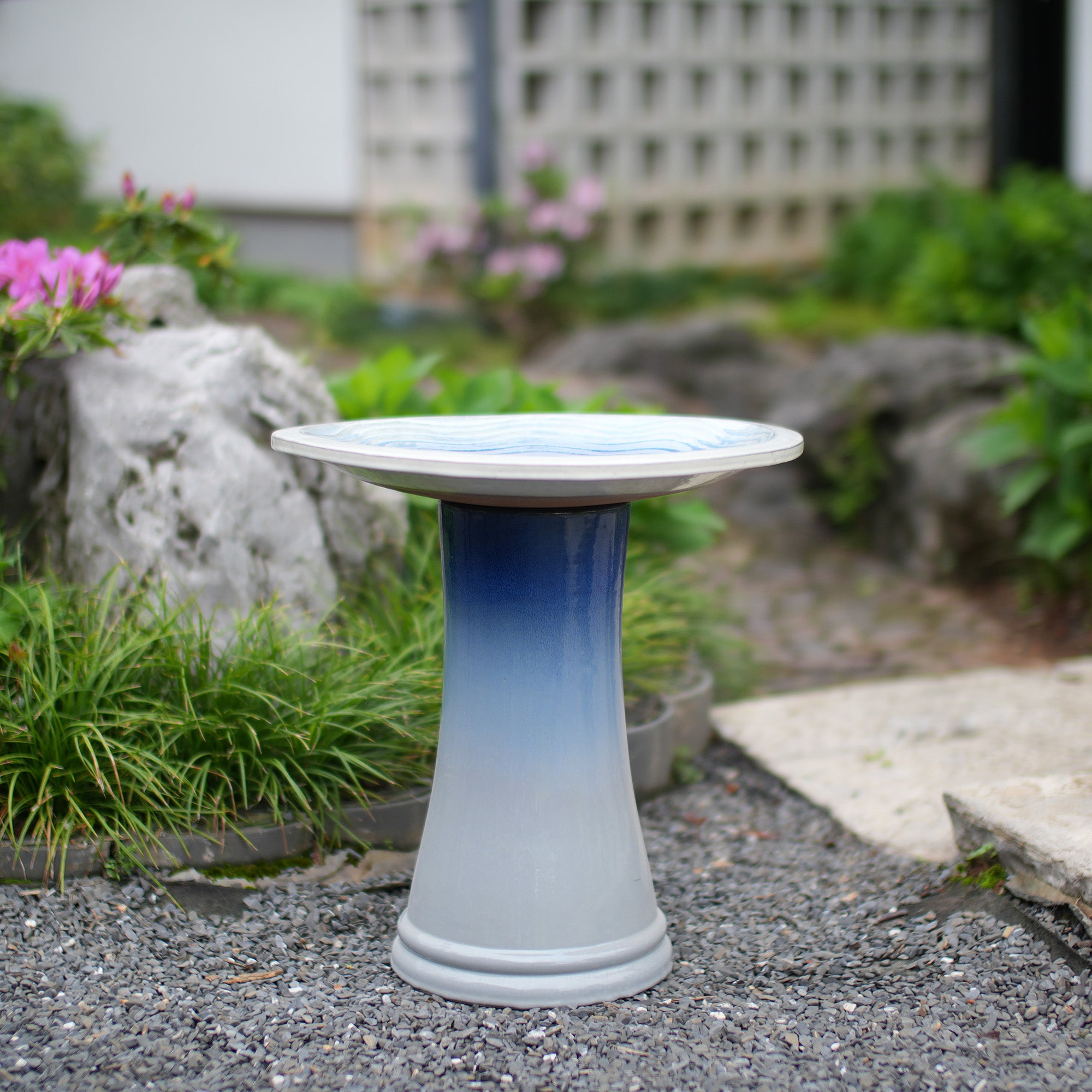 Handmade glazed ceramic bird bath, 17" concentric ripple embossed tray & 18" pedestal base, white to sapphire blue ombre gradient glaze outdoor bird feeder for yard, lawn, patio & backyard
