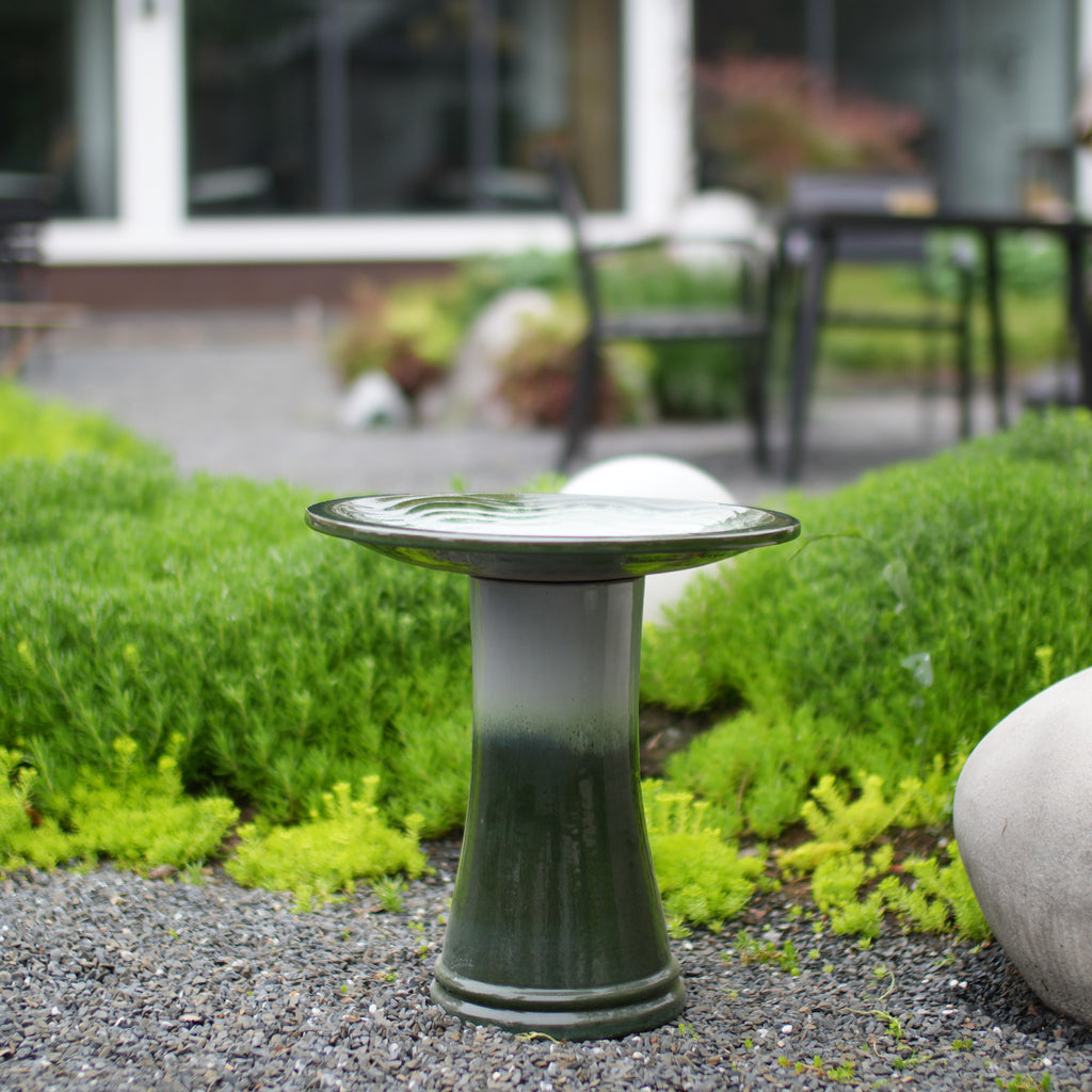 Handmade glazed ceramic bird bath, 17" concentric ripple embossed tray & 18" pedestal base, white to sage green ombre gradient glaze outdoor bird feeder for yard, lawn, patio & backyard