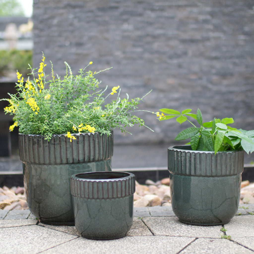 Handmade Ceramic Planter Set of 3, 15/12/9 Inch Diameter, Dark Green Vertical Ribbed Pattern, for Succulents Indoor/Outdoor Use on Windowsill & Bookshelf, Breathable Clay