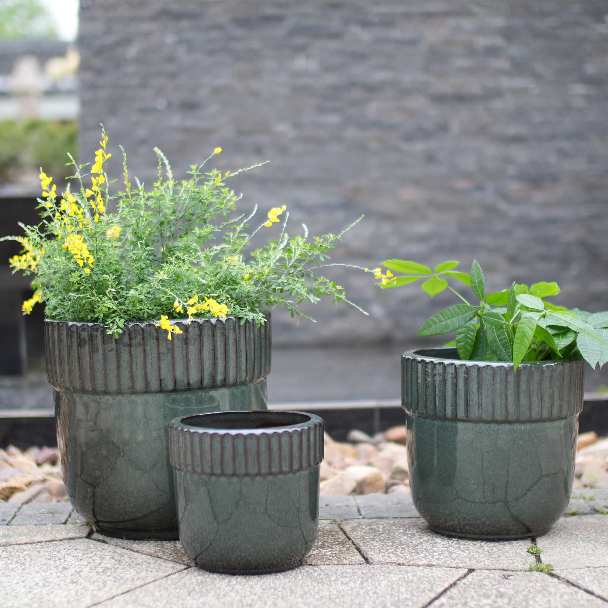 Handmade Ceramic Planter Set of 3, 15/12/9 Inch Diameter, Dark Green Vertical Ribbed Pattern, for Succulents Indoor/Outdoor Use on Windowsill & Bookshelf, Breathable Clay