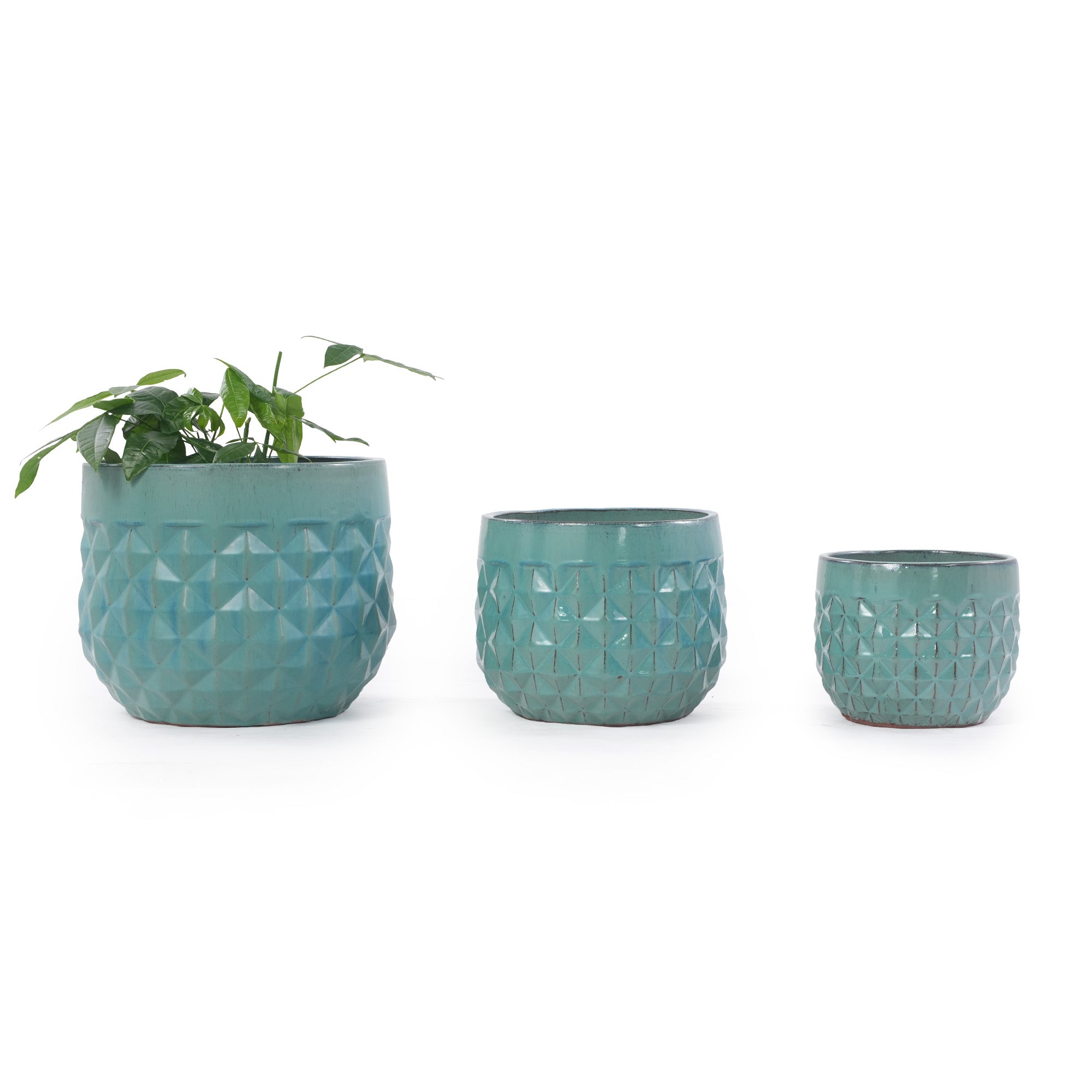 Handmade Ceramic Planter Pots Set of 3, Vintage Turquoise Diamond Embossed Textured Flower Pots with Drainage Hole, 14/12/8 Inch Breathable Clay Plant Containers for Indoor Outdoor, Succulents & Garde