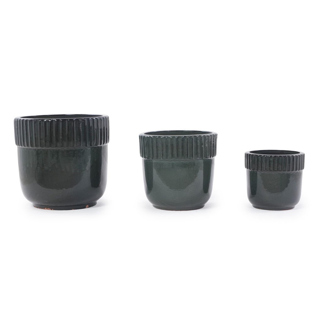 Handmade Ceramic Planter Set of 3, 15/12/9 Inch Diameter, Dark Green Vertical Ribbed Pattern, for Succulents Indoor/Outdoor Use on Windowsill & Bookshelf, Breathable Clay