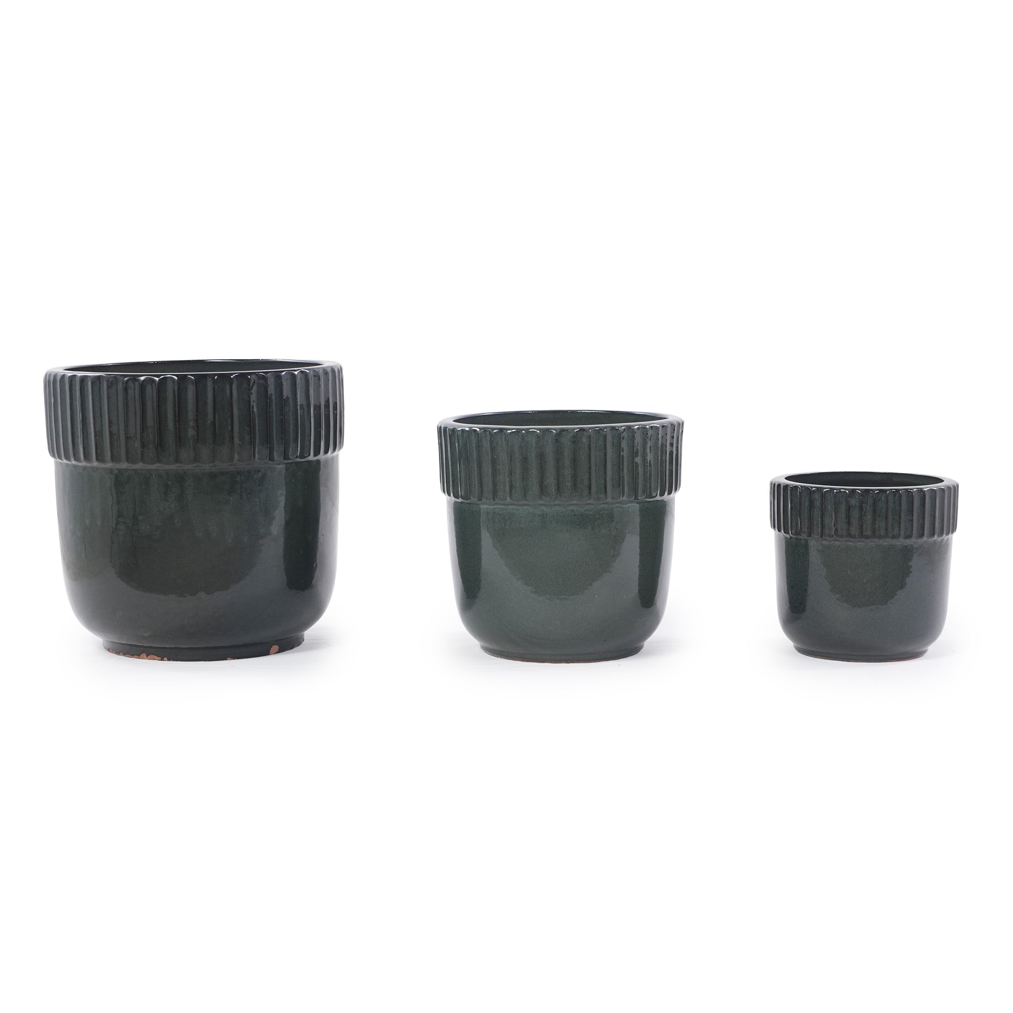 Handmade Ceramic Planter Set of 3, 15/12/9 Inch Diameter, Dark Green Vertical Ribbed Pattern, for Succulents Indoor/Outdoor Use on Windowsill & Bookshelf, Breathable Clay