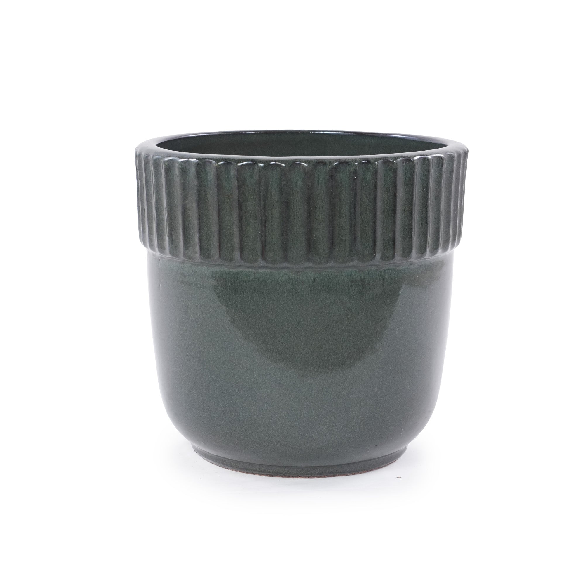 Handmade Ceramic Planter Set of 3, 15/12/9 Inch Diameter, Dark Green Vertical Ribbed Pattern, for Succulents Indoor/Outdoor Use on Windowsill & Bookshelf, Breathable Clay