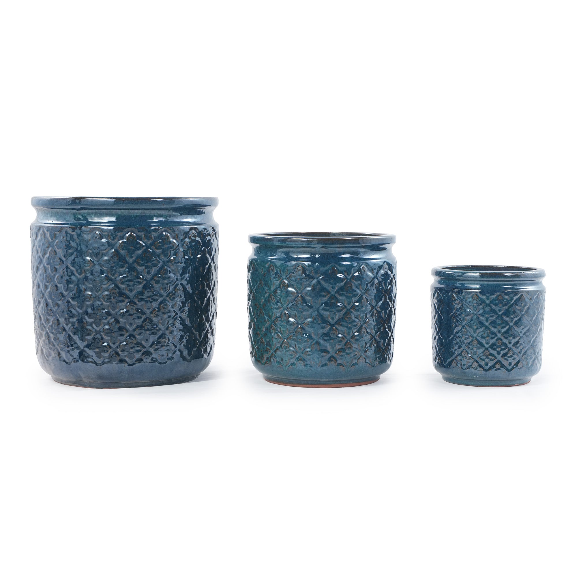 Handmade Ceramic Flower Pot Set of 3, 15/12/9 Inch Diameter, Navy Blue with Geometric Pattern, for Orchids Indoor/Outdoor Use on Windowsill & Bookshelf, Breathable Clay