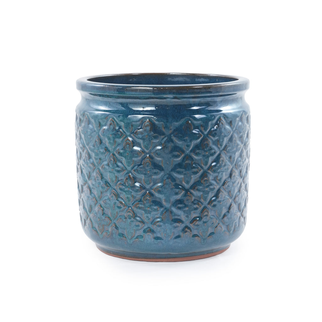 Handmade Ceramic Flower Pot Set of 3, 15/12/9 Inch Diameter, Navy Blue with Geometric Pattern, for Orchids Indoor/Outdoor Use on Windowsill & Bookshelf, Breathable Clay