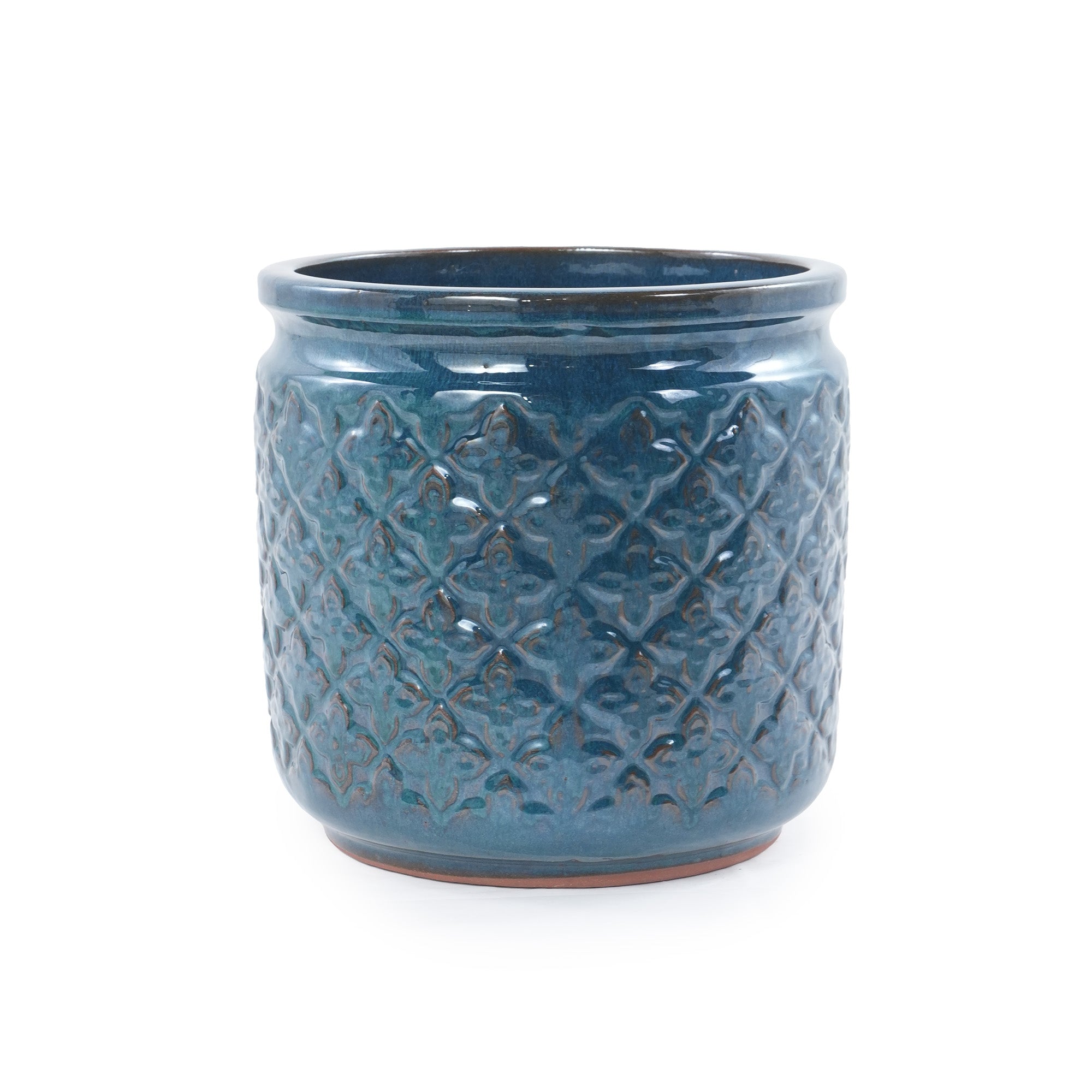 Handmade Ceramic Flower Pot Set of 3, 15/12/9 Inch Diameter, Navy Blue with Geometric Pattern, for Orchids Indoor/Outdoor Use on Windowsill & Bookshelf, Breathable Clay