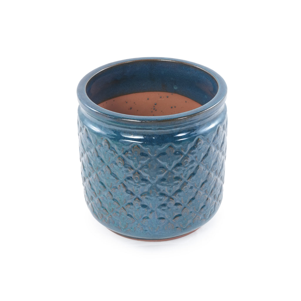 Handmade Ceramic Flower Pot Set of 3, 15/12/9 Inch Diameter, Navy Blue with Geometric Pattern, for Orchids Indoor/Outdoor Use on Windowsill & Bookshelf, Breathable Clay