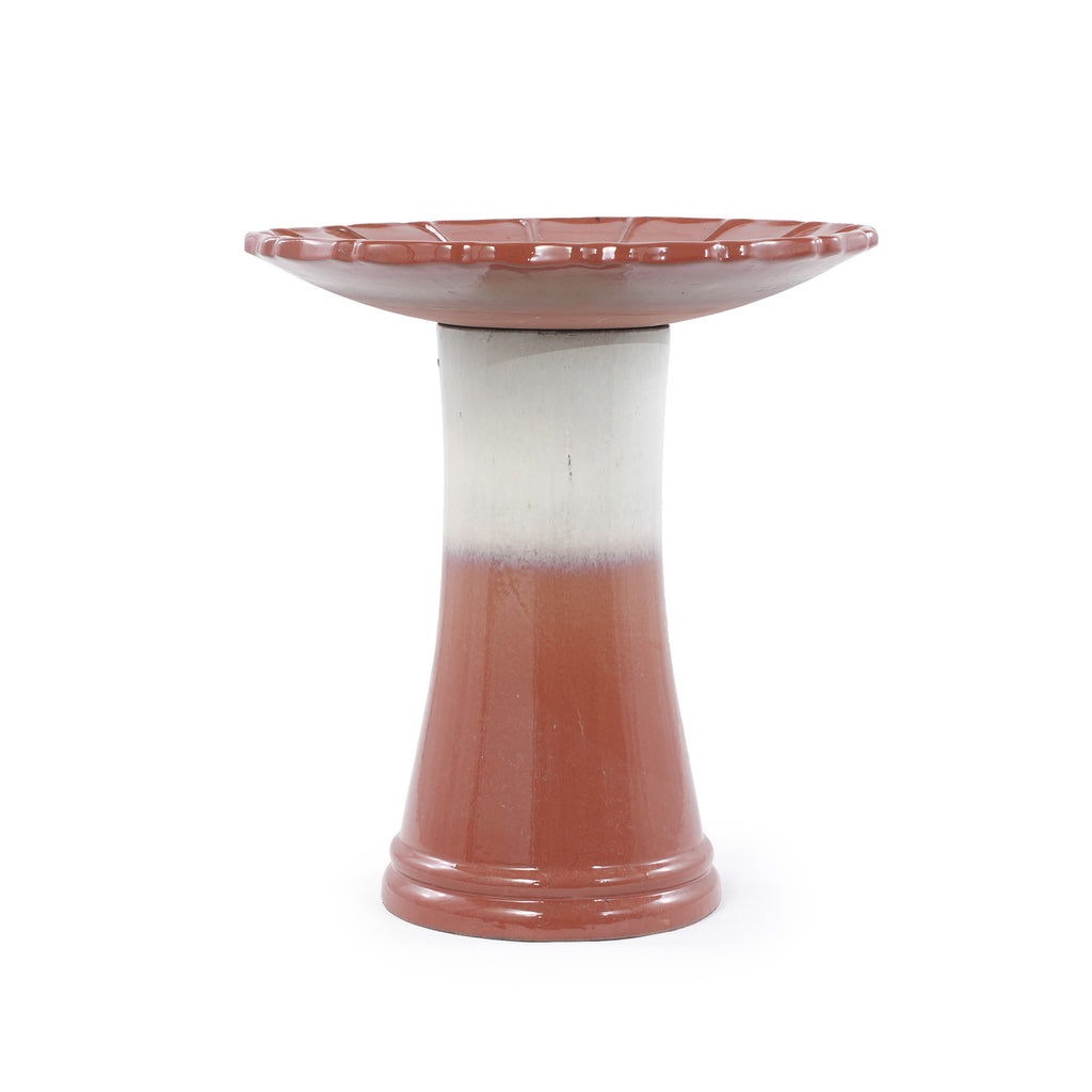 Handmade glazed ceramic bird bath, 17"scalloped tray & 18" pedestal base, rust red off-white gradient glaze outdoor bird feeder for yard, lawn, patio & backyard