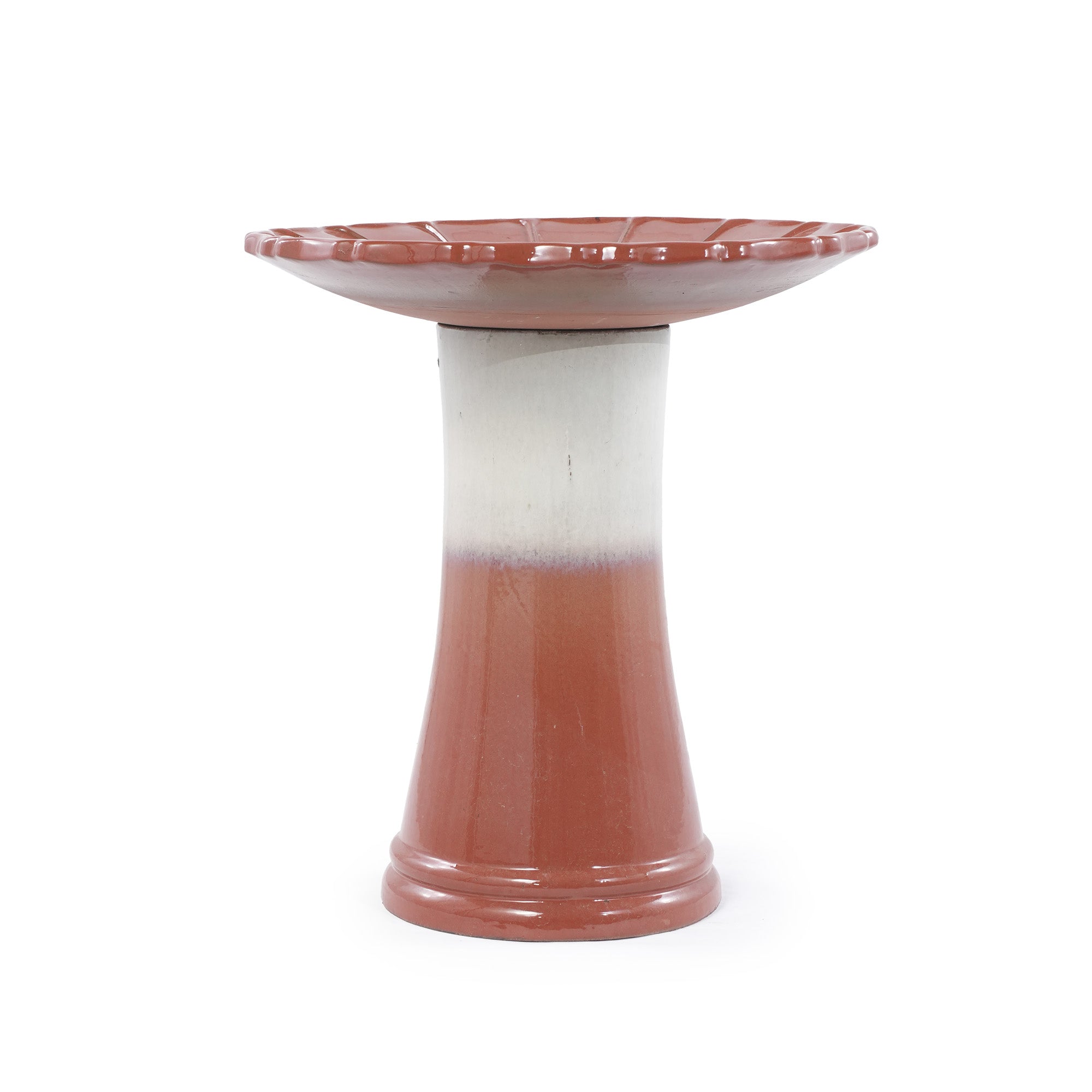 Handmade glazed ceramic bird bath, 17"scalloped tray & 18" pedestal base, rust red off-white gradient glaze outdoor bird feeder for yard, lawn, patio & backyard