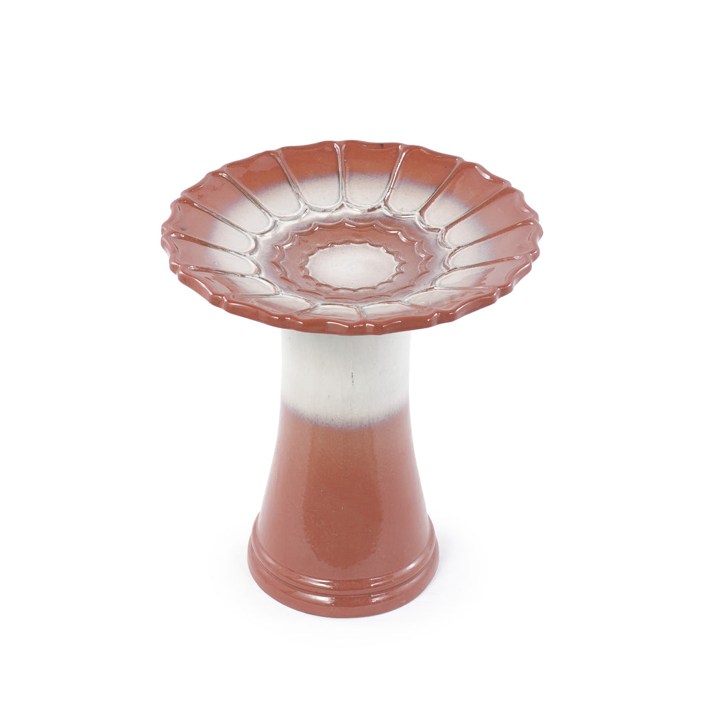 Handmade glazed ceramic bird bath, 17"scalloped tray & 18" pedestal base, rust red off-white gradient glaze outdoor bird feeder for yard, lawn, patio & backyard