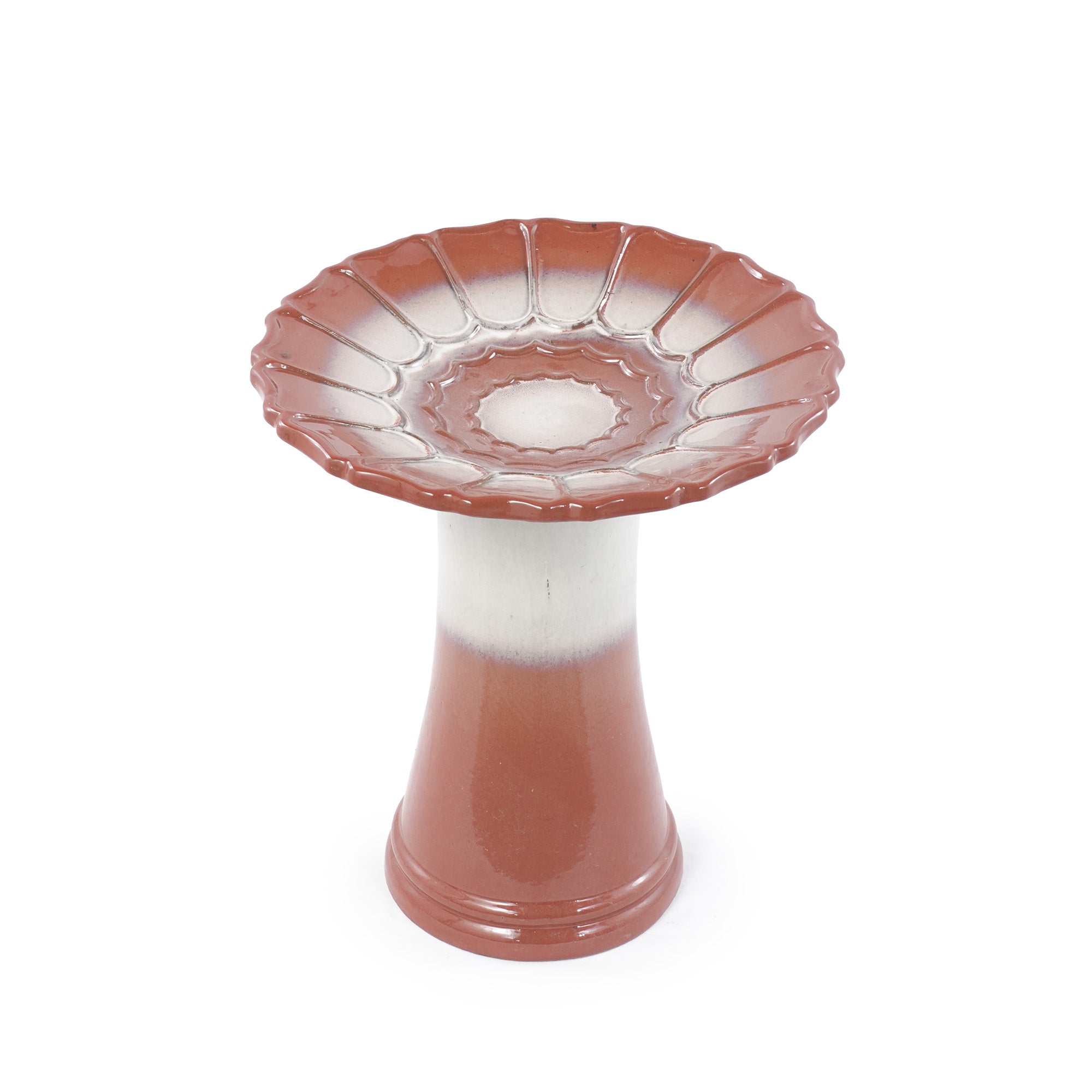 Handmade glazed ceramic bird bath, 17"scalloped tray & 18" pedestal base, rust red off-white gradient glaze outdoor bird feeder for yard, lawn, patio & backyard