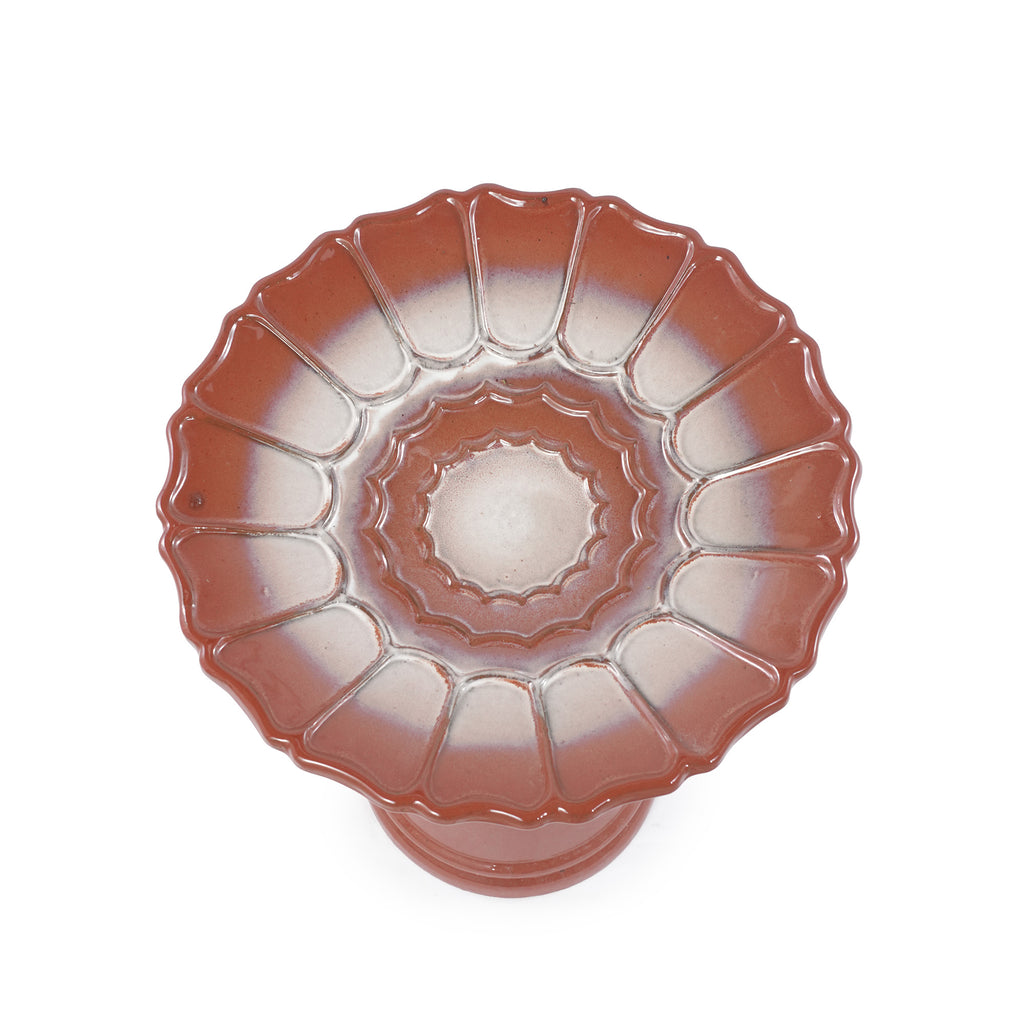 Handmade glazed ceramic bird bath, 17"scalloped tray & 18" pedestal base, rust red off-white gradient glaze outdoor bird feeder for yard, lawn, patio & backyard