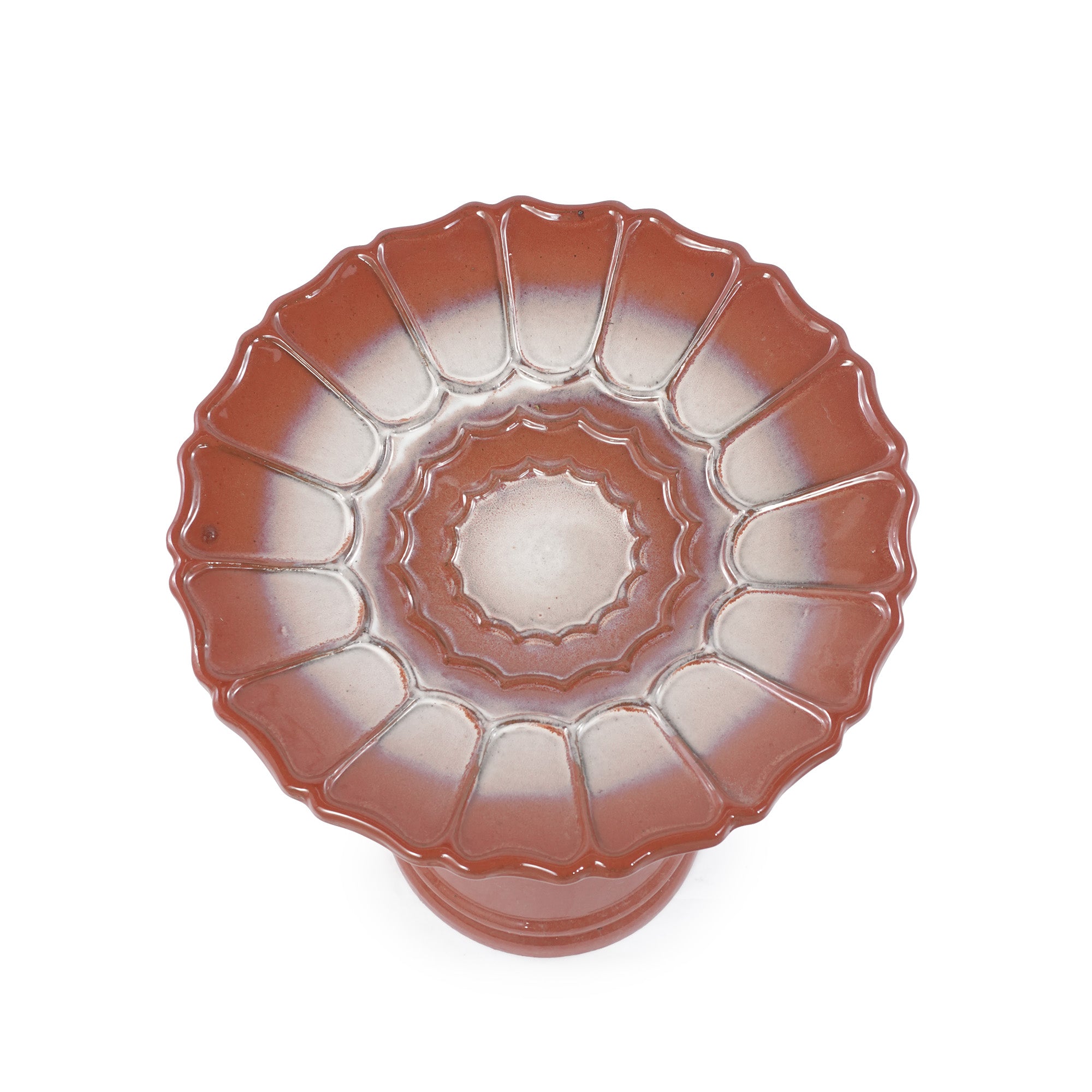 Handmade glazed ceramic bird bath, 17"scalloped tray & 18" pedestal base, rust red off-white gradient glaze outdoor bird feeder for yard, lawn, patio & backyard