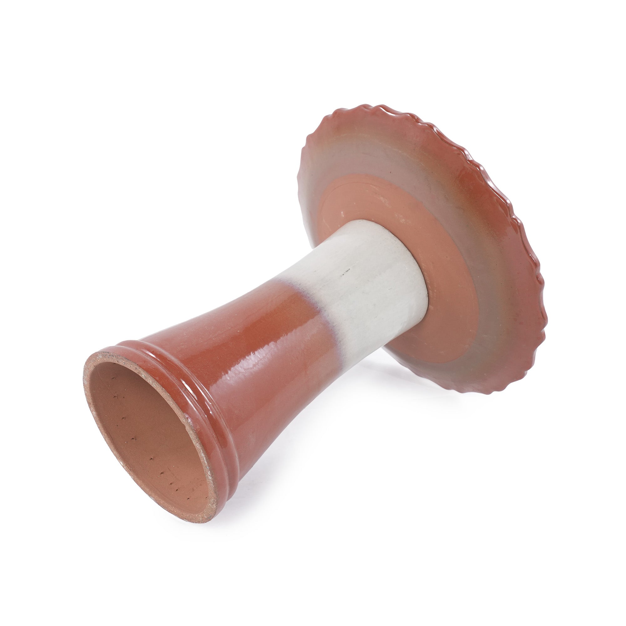 Handmade glazed ceramic bird bath, 17"scalloped tray & 18" pedestal base, rust red off-white gradient glaze outdoor bird feeder for yard, lawn, patio & backyard
