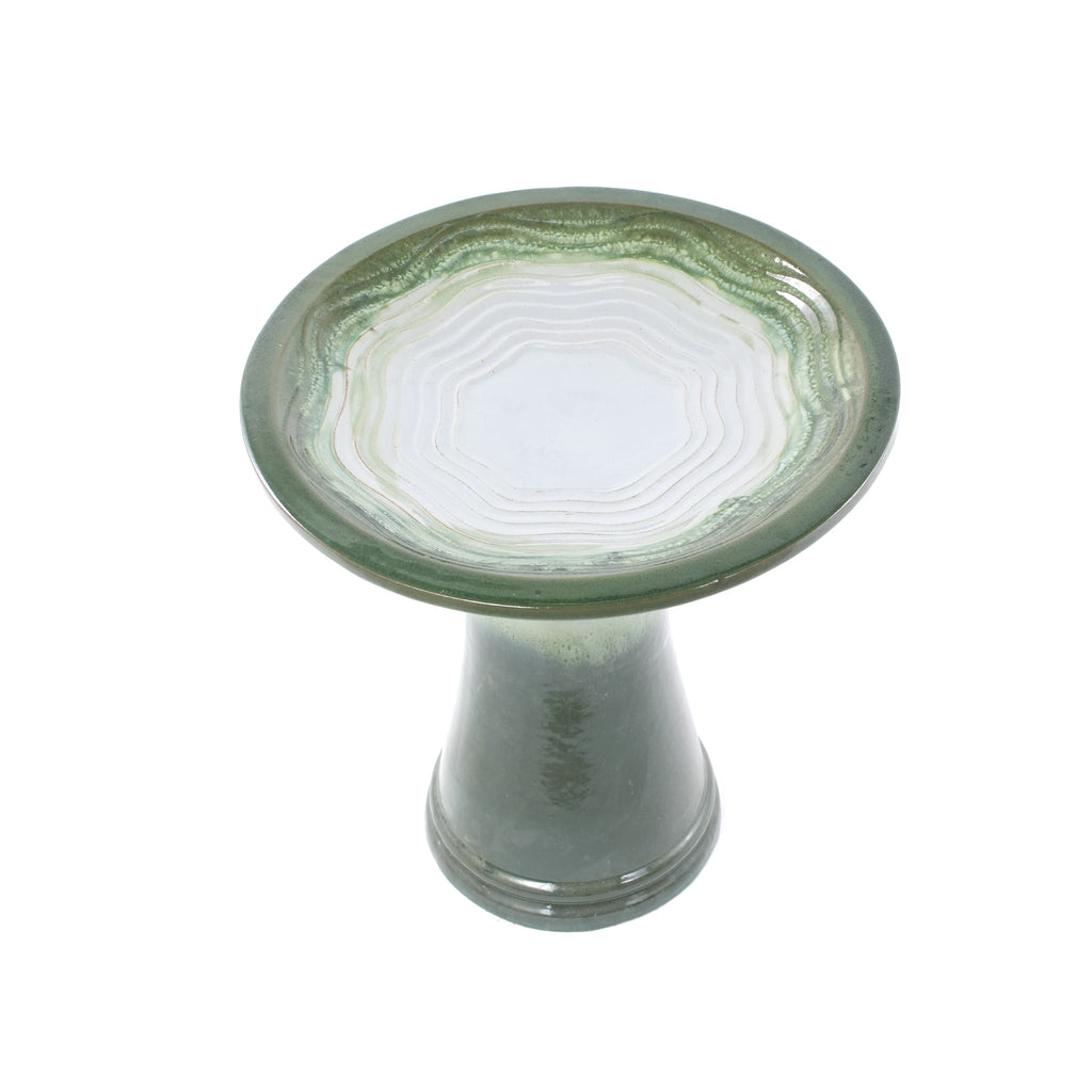 Handmade glazed ceramic bird bath, 17" concentric ripple embossed tray & 18" pedestal base, white to sage green ombre gradient glaze outdoor bird feeder for yard, lawn, patio & backyard