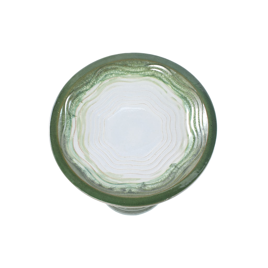 Handmade glazed ceramic bird bath, 17" concentric ripple embossed tray & 18" pedestal base, white to sage green ombre gradient glaze outdoor bird feeder for yard, lawn, patio & backyard