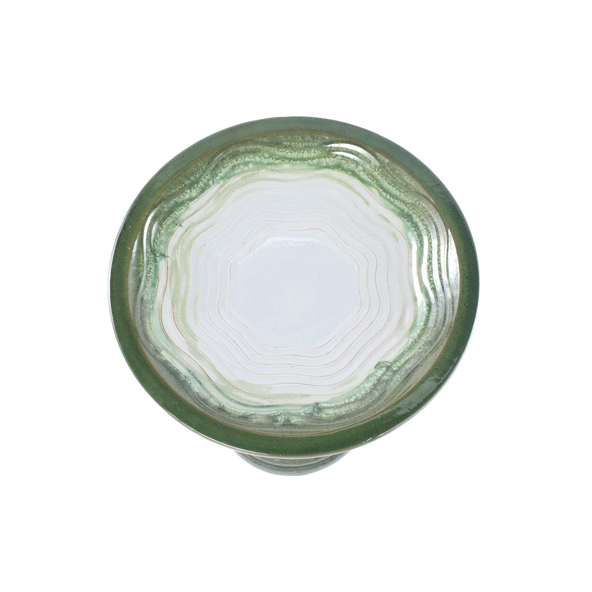 Handmade glazed ceramic bird bath, 17" concentric ripple embossed tray & 18" pedestal base, white to sage green ombre gradient glaze outdoor bird feeder for yard, lawn, patio & backyard