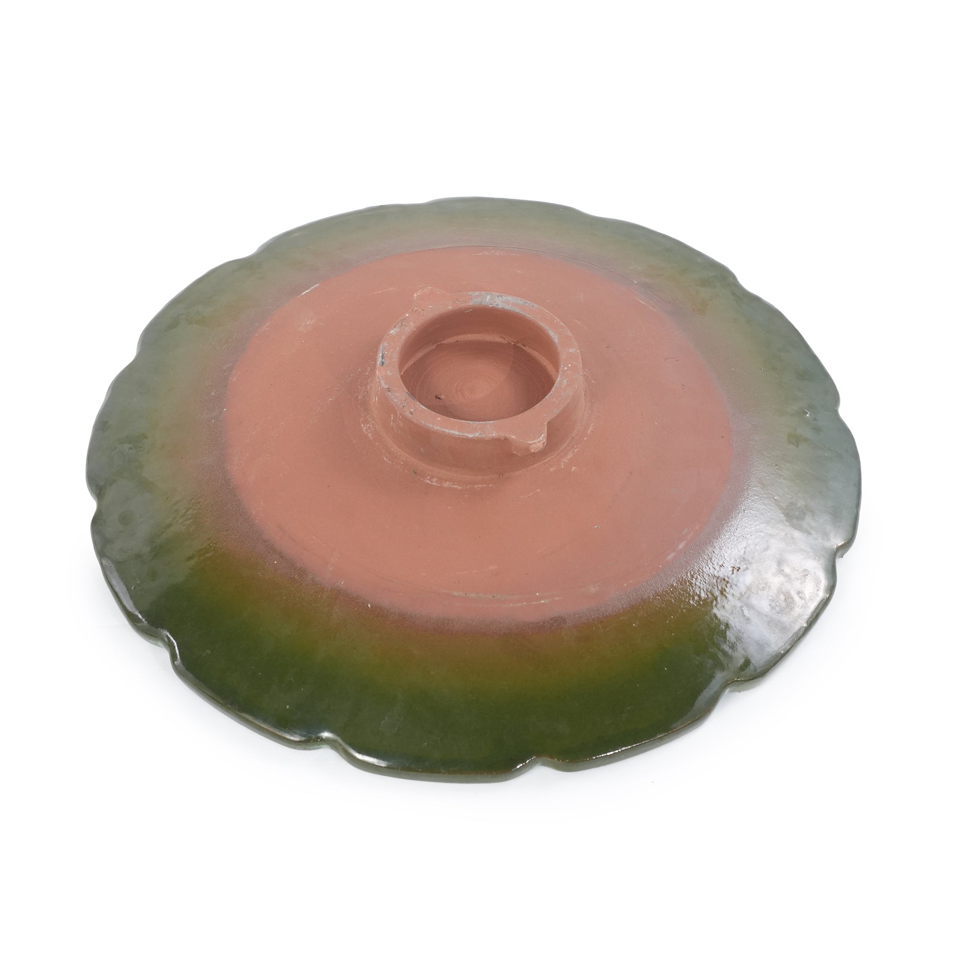 Handmade glazed ceramic bird bath, 17" swirling scroll embossed tray & 18" pedestal base, sage green gradient glaze outdoor bird feeder for yard, lawn, patio & backyard